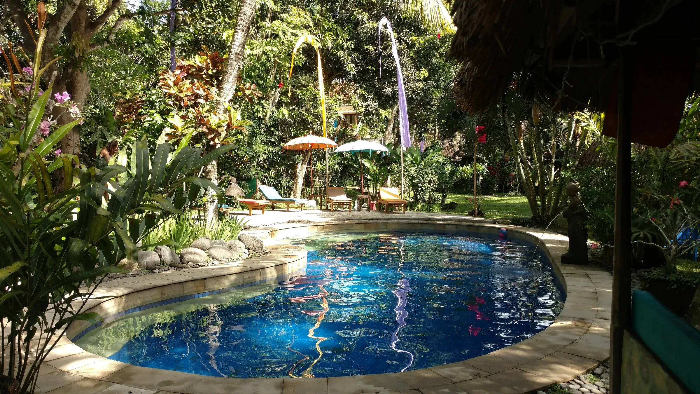 A swimming pool among tropical gardens at a guesthouse in Ubud, Bali