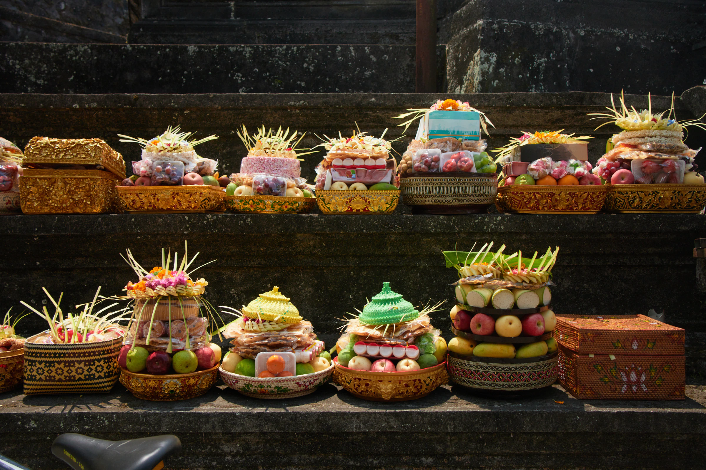 Traditional fruit offerings prepared for a Balinese temple ceremony