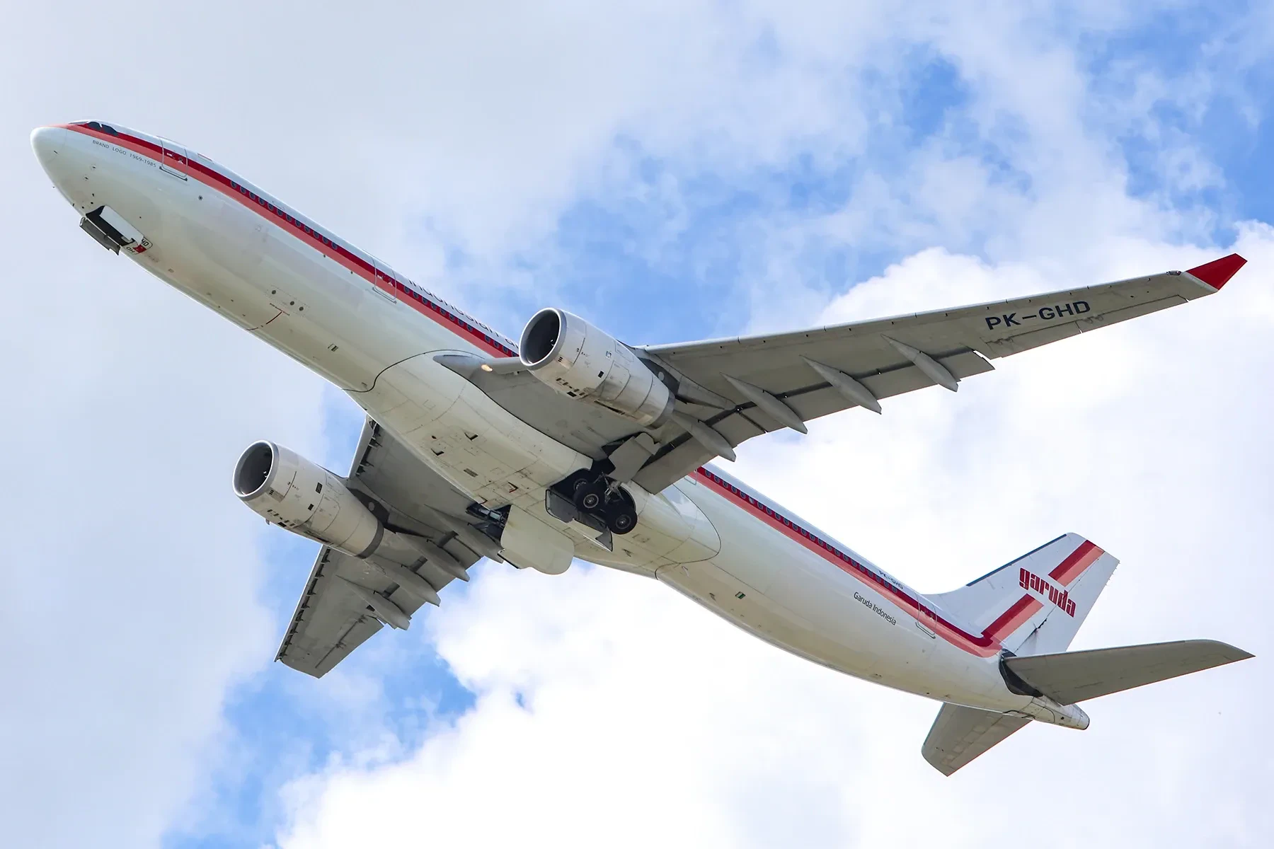 A Garuda Indonesia Airbus A330 climbing out of Sydney on a flight to Denpasar