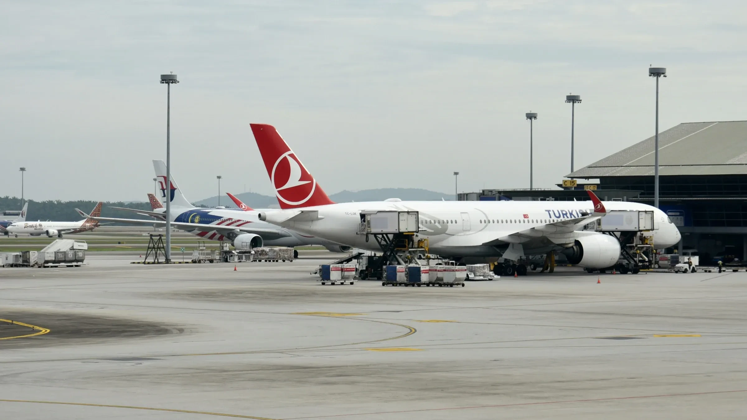 A Turkish Airlines Airbus A350 on the apron at Kuala Lumpur airport