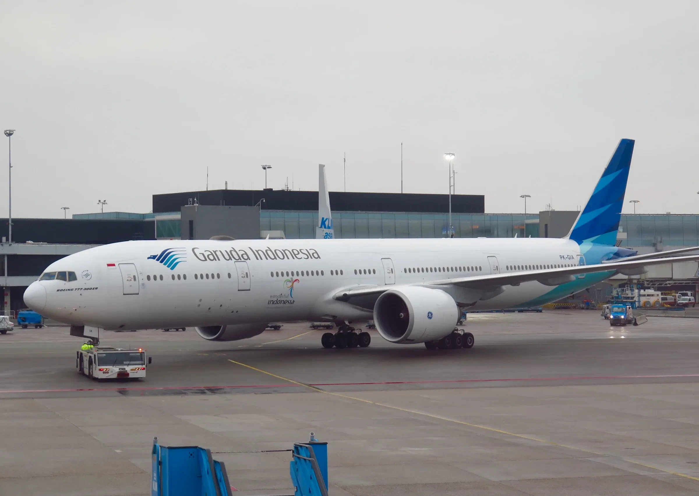 A Garuda Indonesia Boeing 777 at Amsterdam Schiphol airport