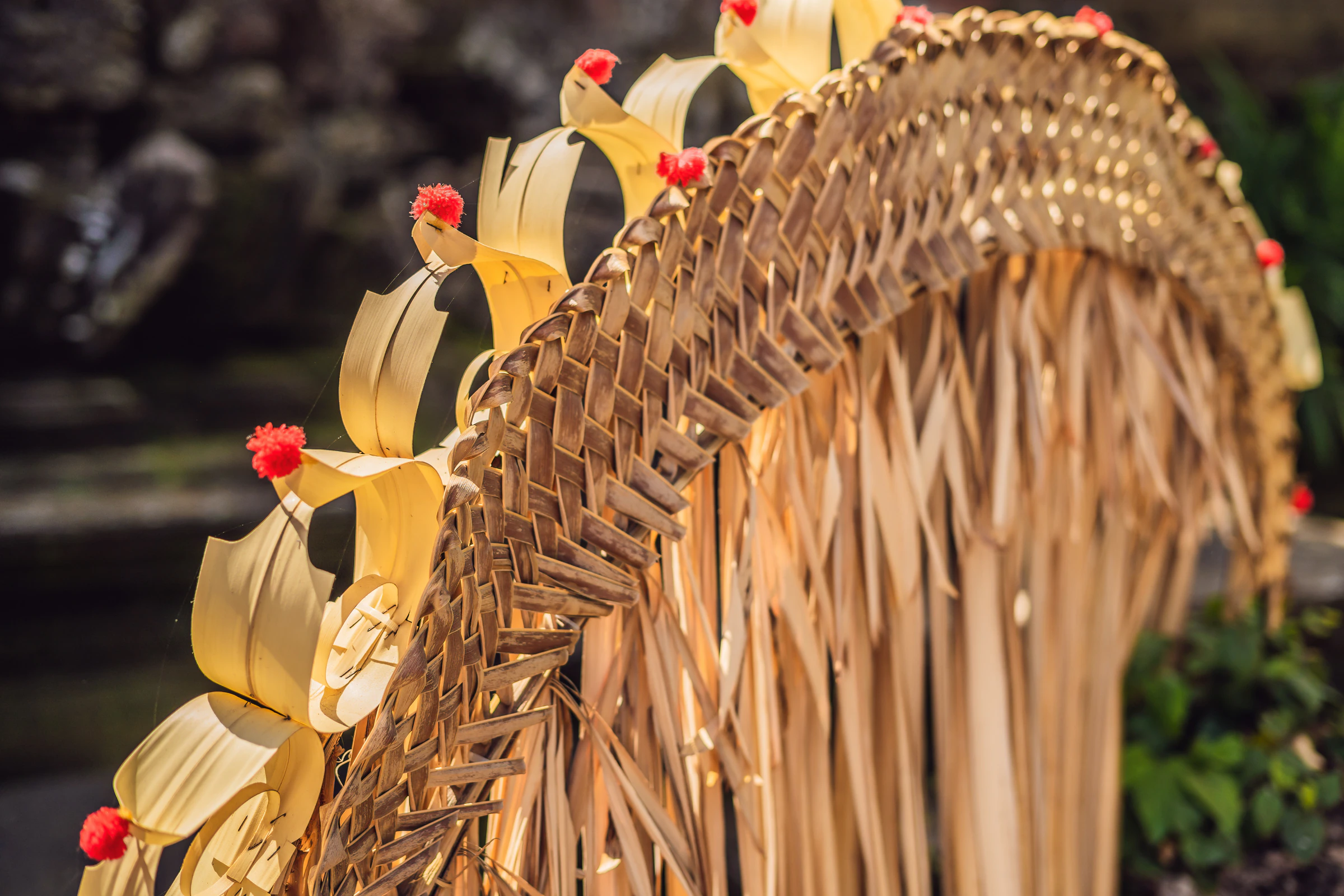 A decorated penjor bamboo pole for Galungan, close up