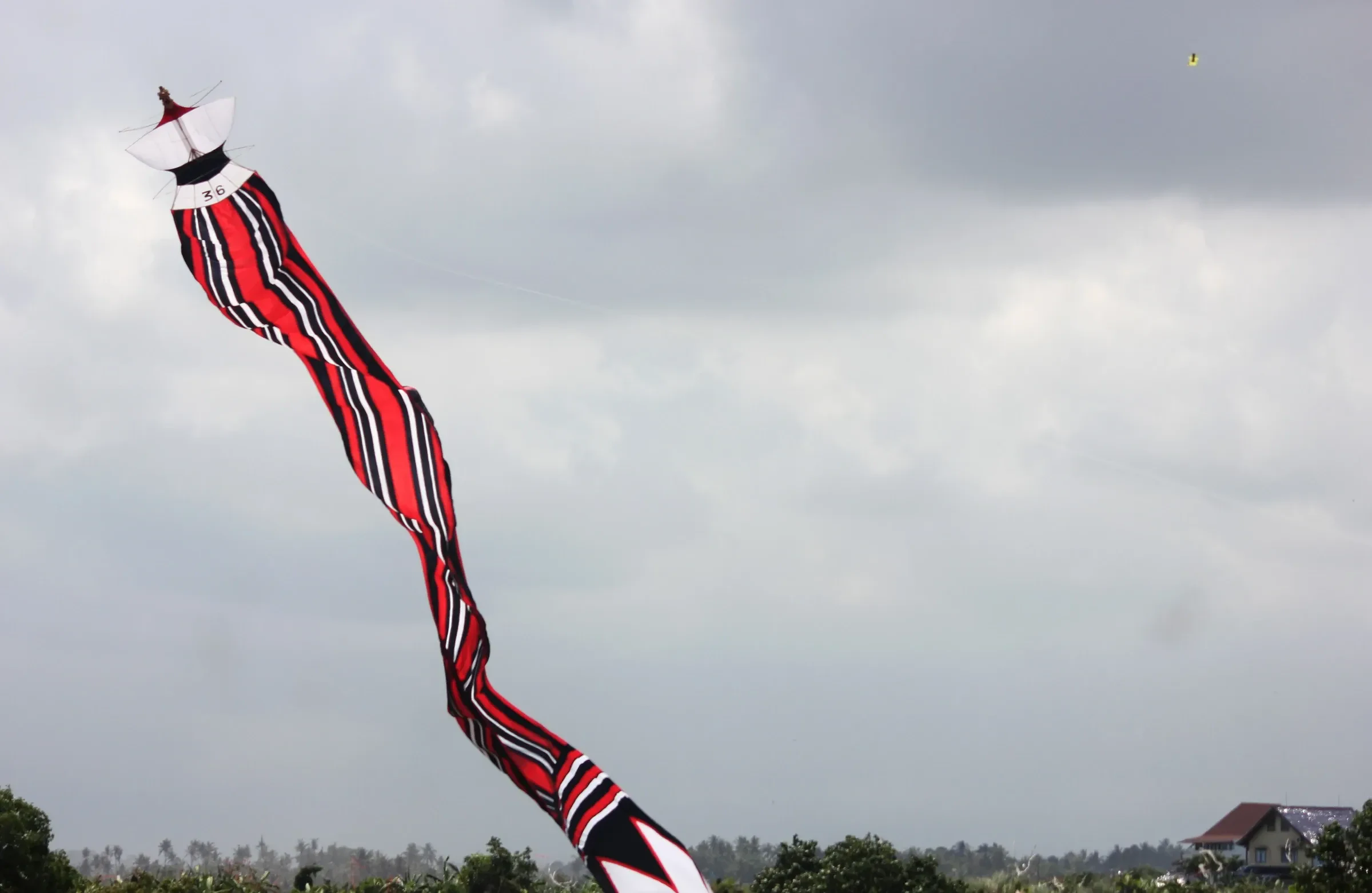 A janggan kite twisting its long red and black tail through a grey sky in Tabanan, Bali