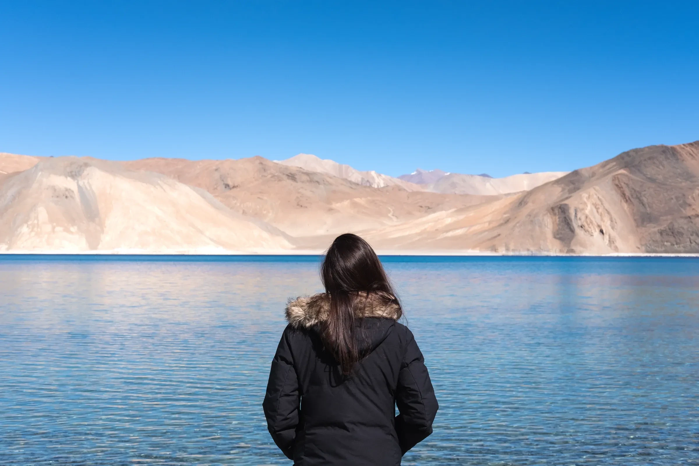 A traveller in a winter jacket standing alone beside Pangong Tso lake in Ladakh