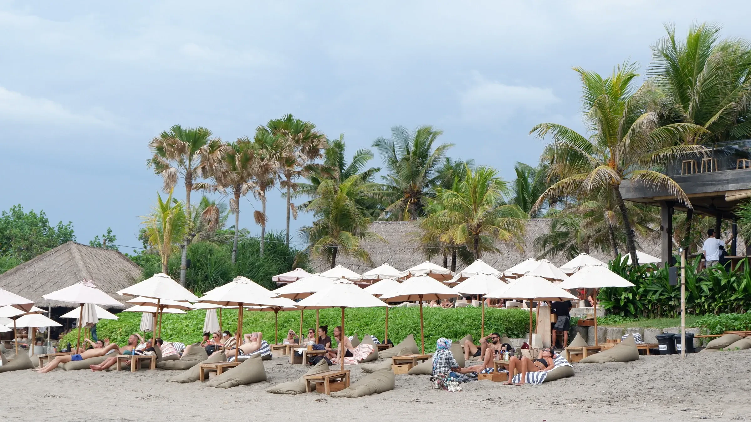 Sunbeds and umbrellas under palm trees on a Canggu beach