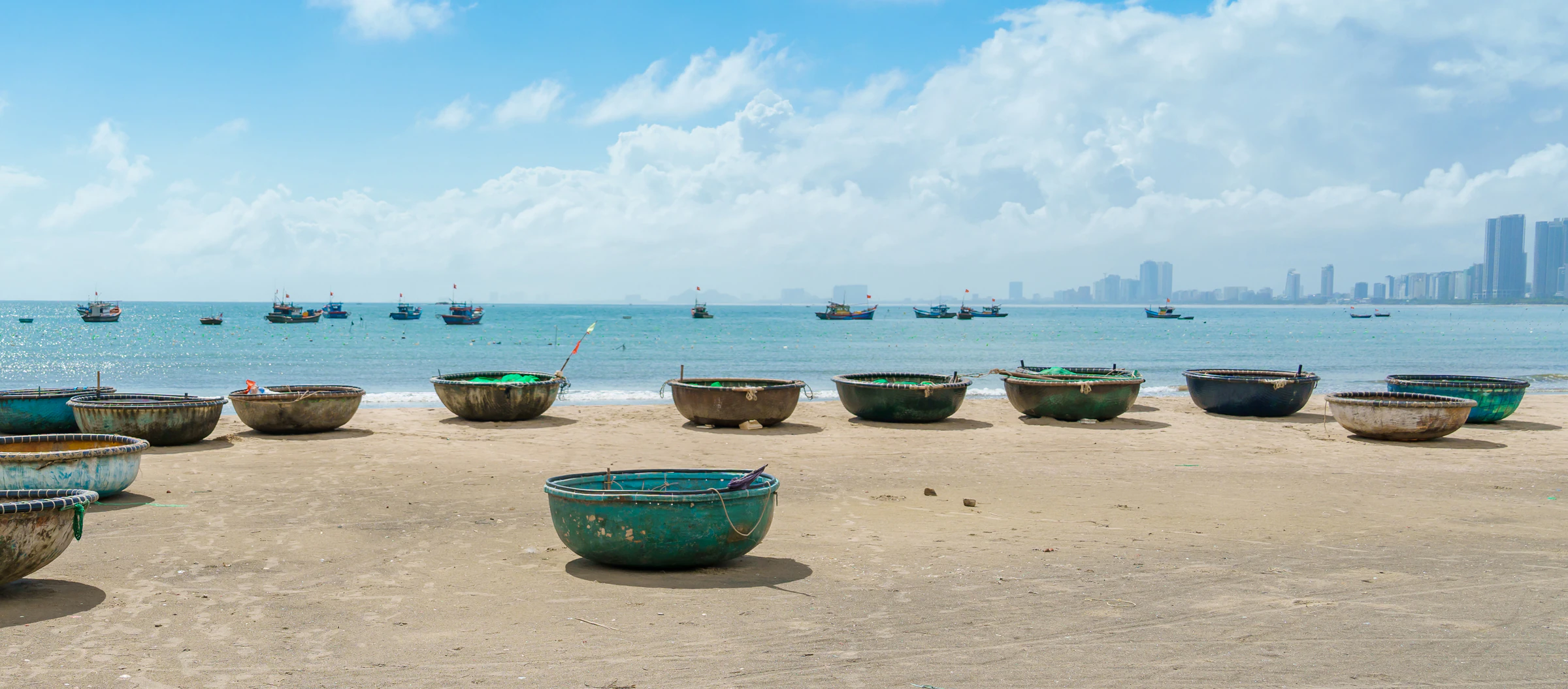 My Khe beach in Da Nang with basket boats pulled up on the sand