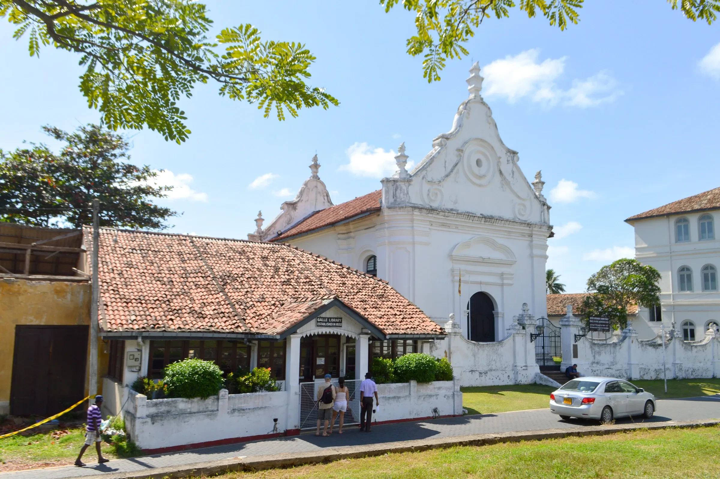 The white Dutch Reformed Church (Groote Kerk) among the low buildings of Galle Fort