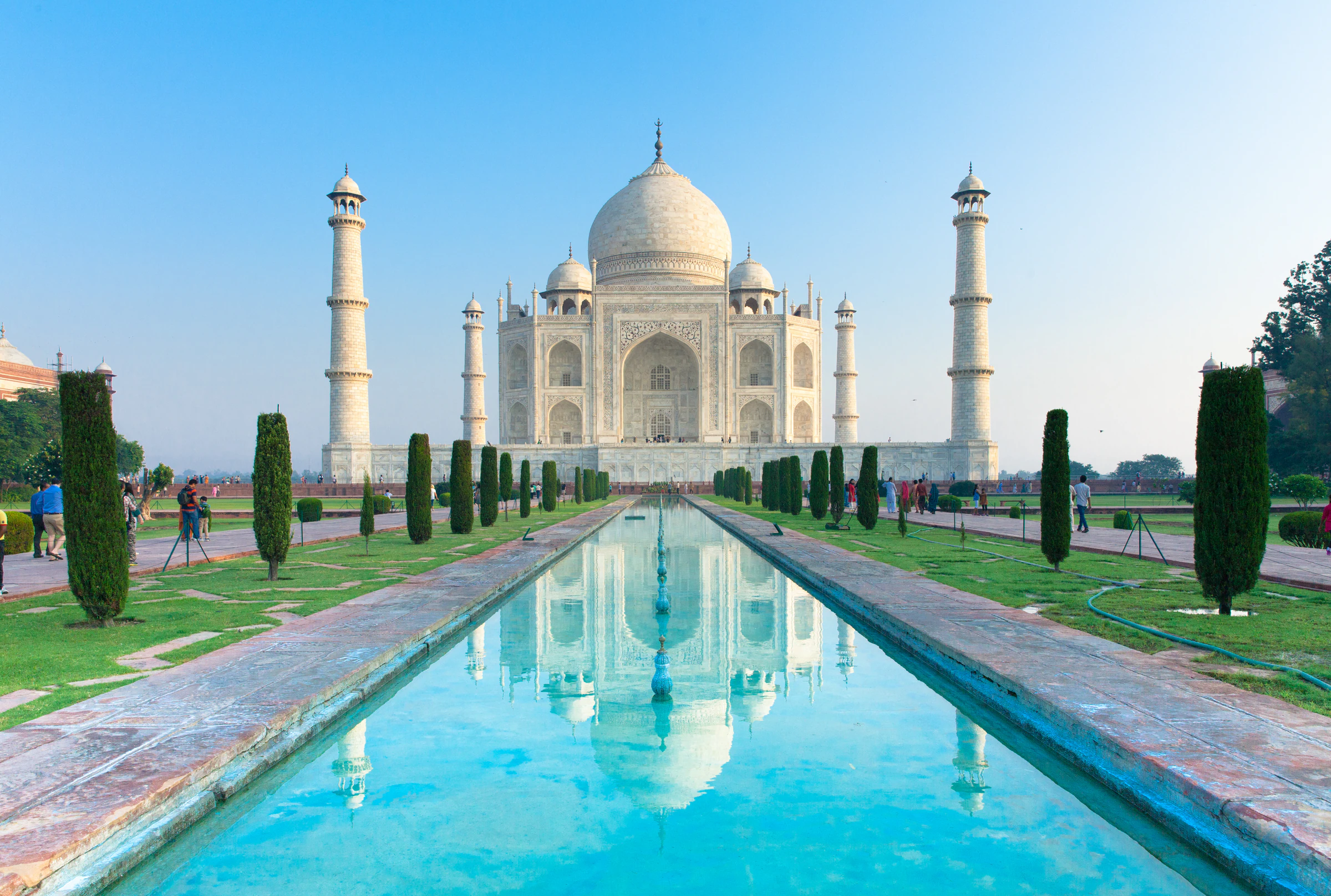 The Taj Mahal seen across its long reflecting pool