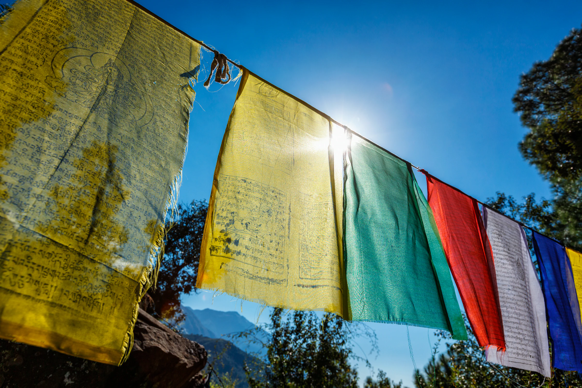 Prayer flags at a Tibetan Buddhist monastery in Dharamshala, Himachal Pradesh