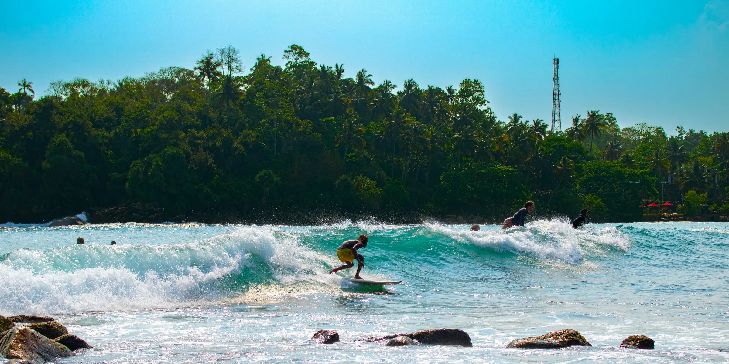 Surfers riding waves in front of a jungle-covered shore at Hiriketiya Beach, Sri Lanka