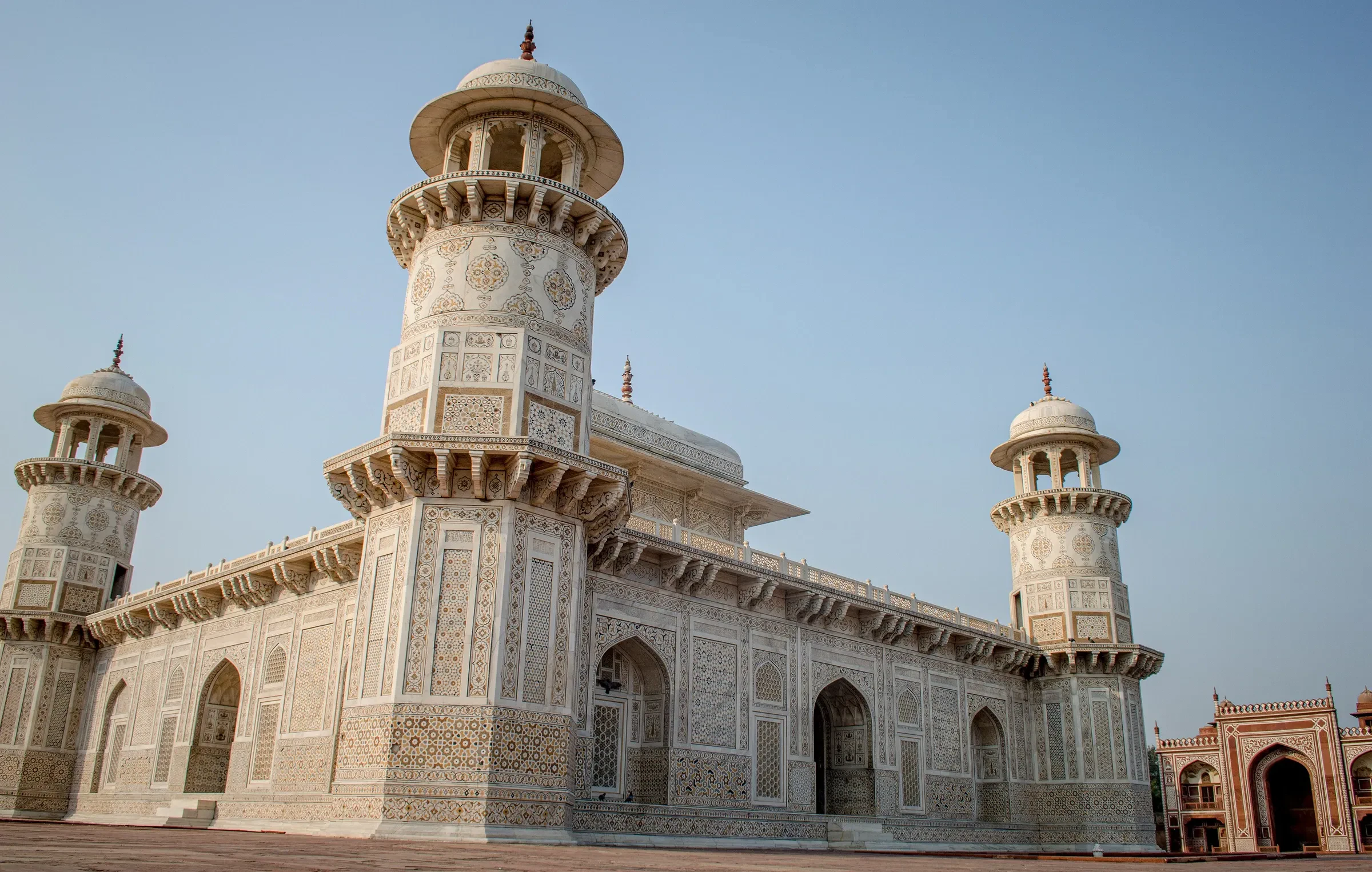 The inlaid white marble tomb of Itimad-ud-Daulah, with its corner towers