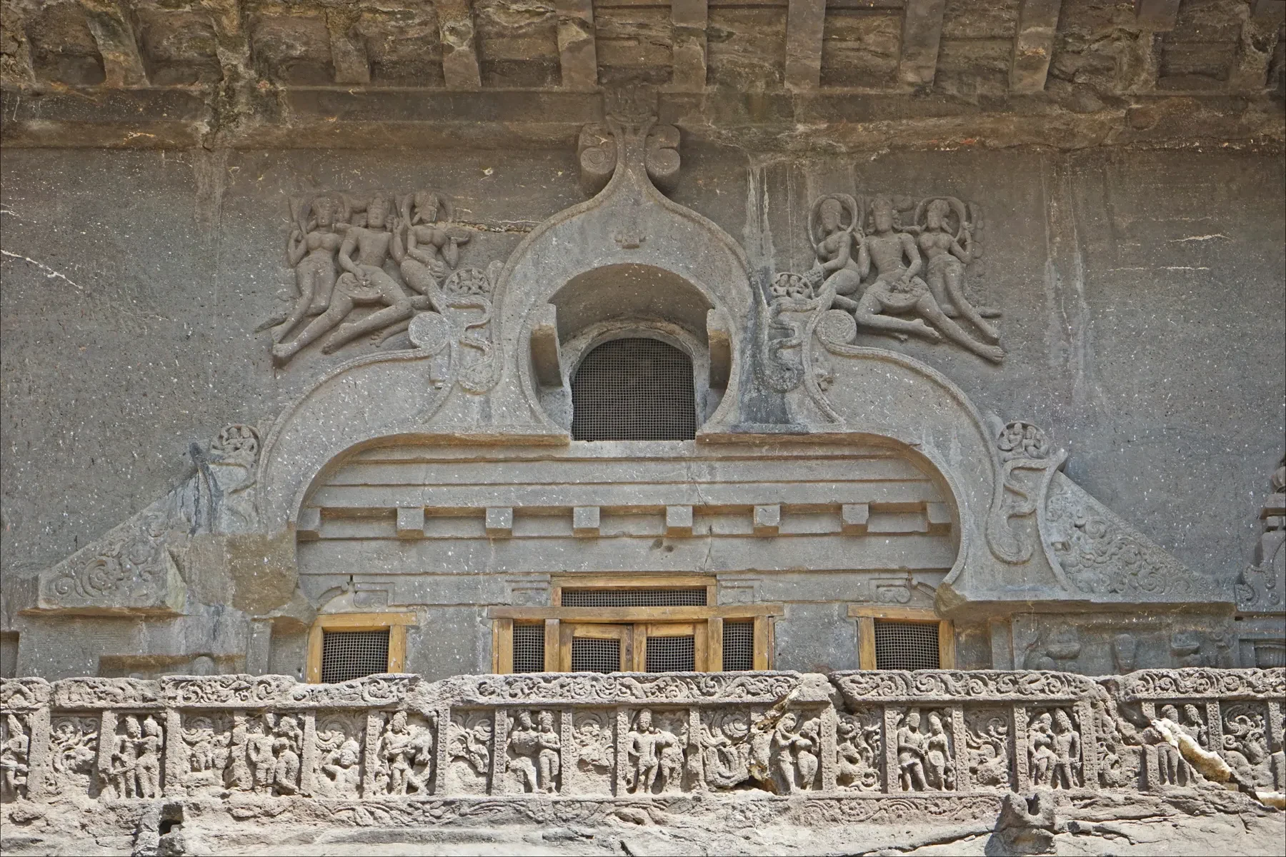 The carved facade of the Buddhist Vishvakarma cave, Cave 10, at Ellora