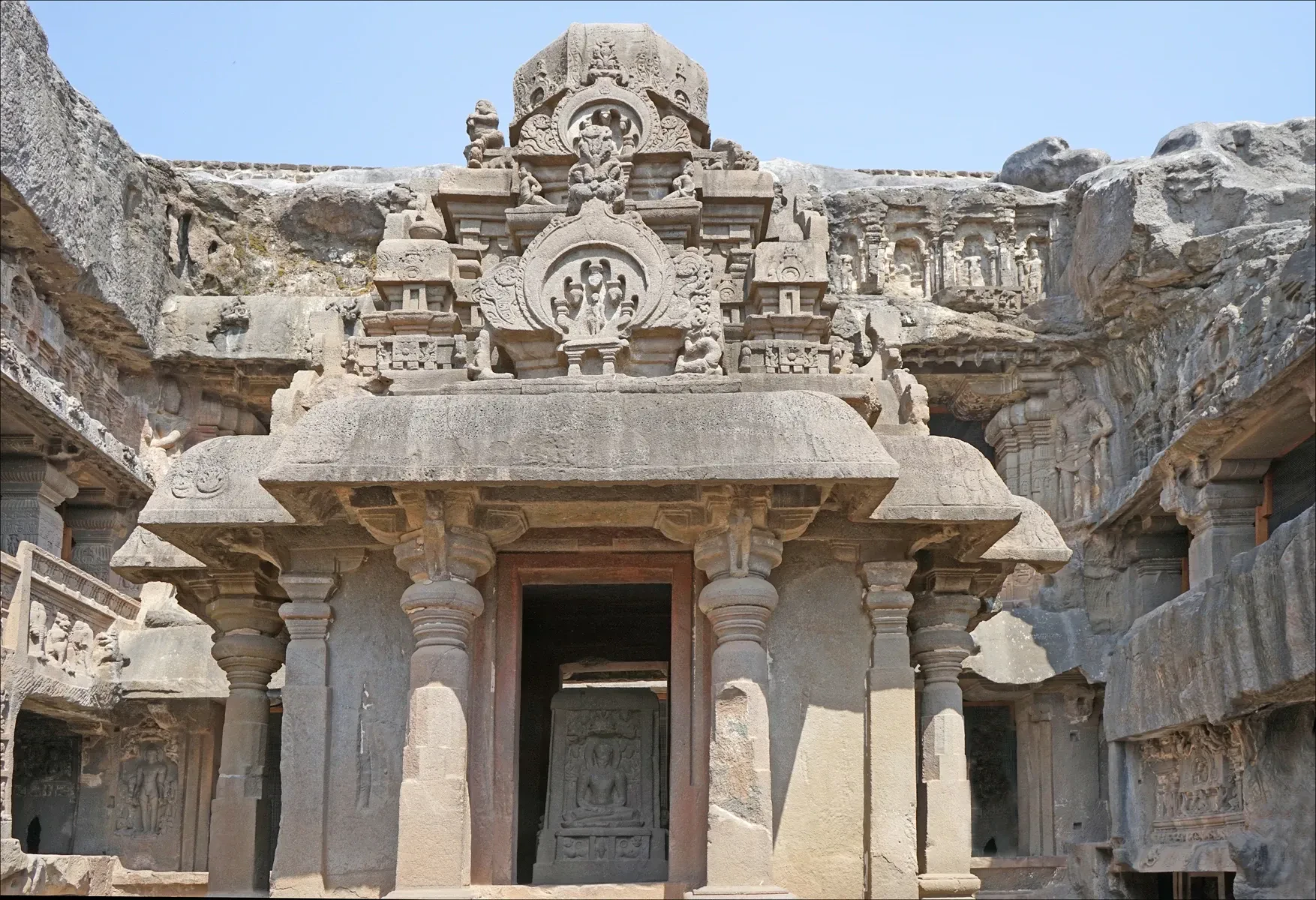The carved courtyard of the Jain Indra Sabha cave at Ellora