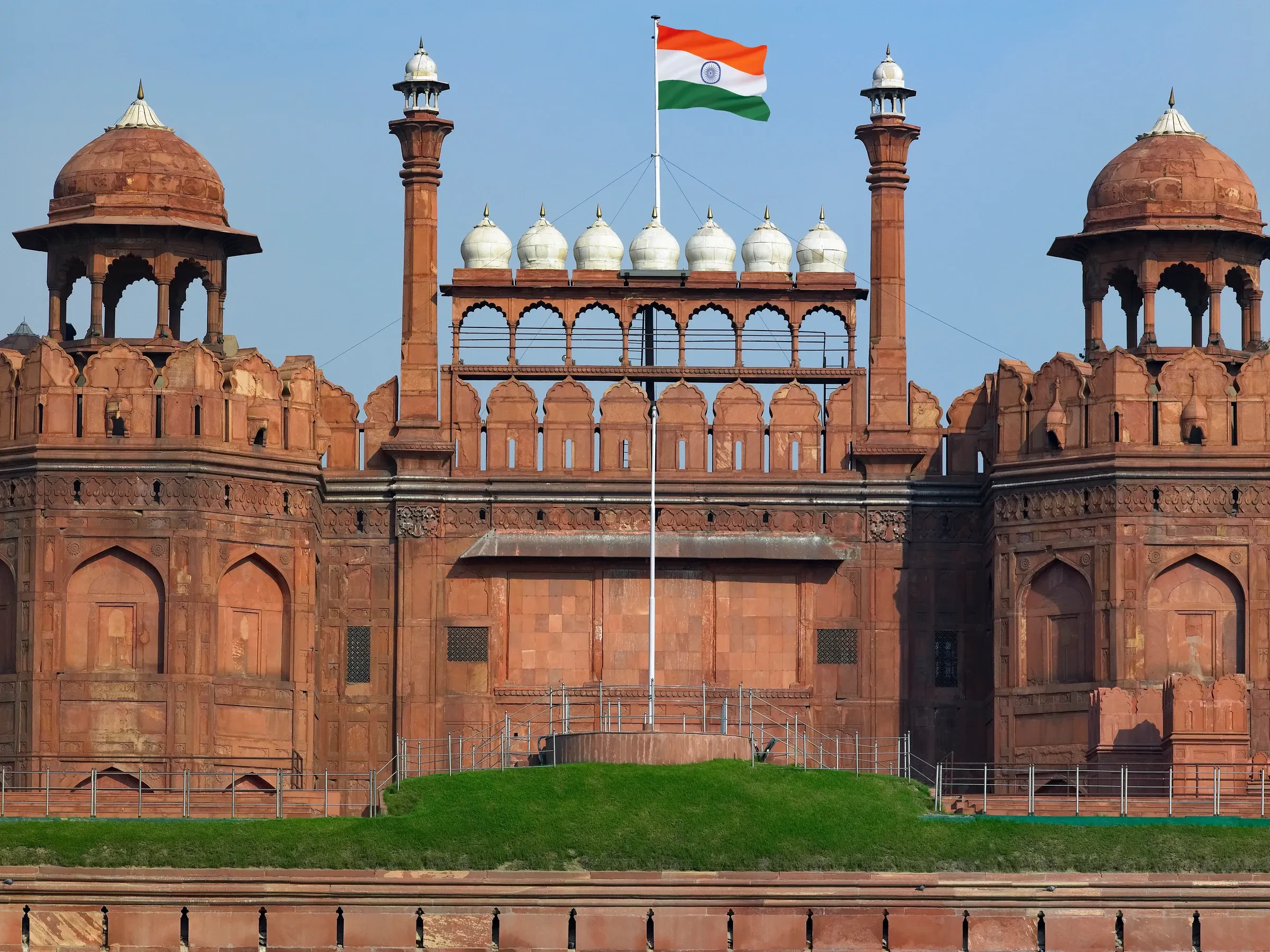 The red sandstone walls and gateway of the Red Fort in Old Delhi