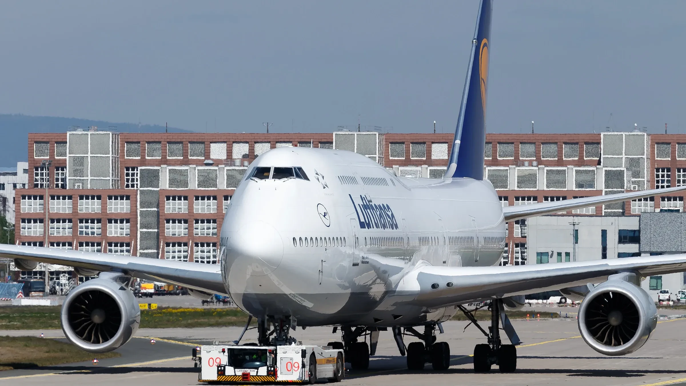 A Lufthansa Boeing 747-8 on the apron at Frankfurt Airport