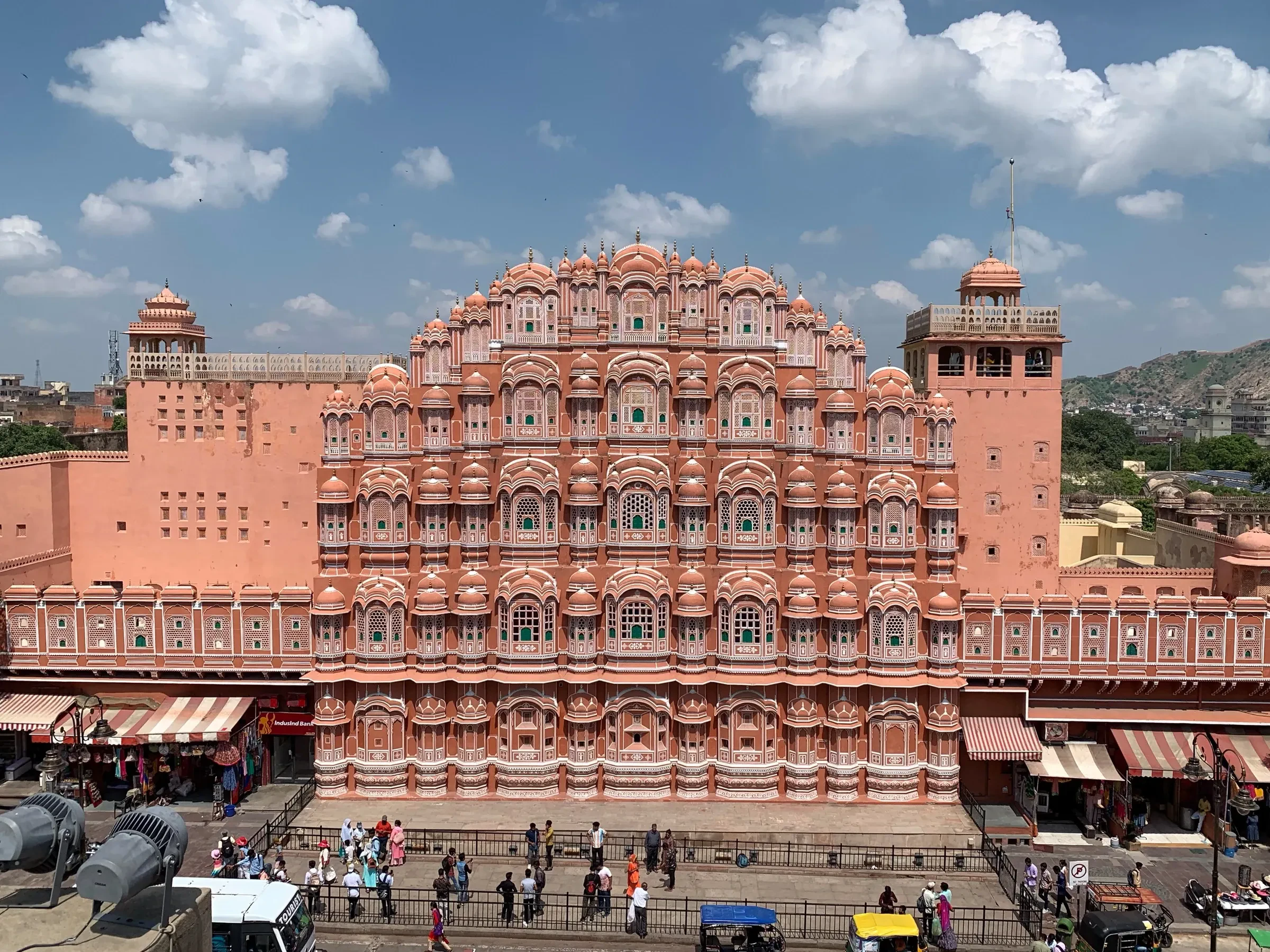 The pink sandstone front of the Hawa Mahal in Jaipur
