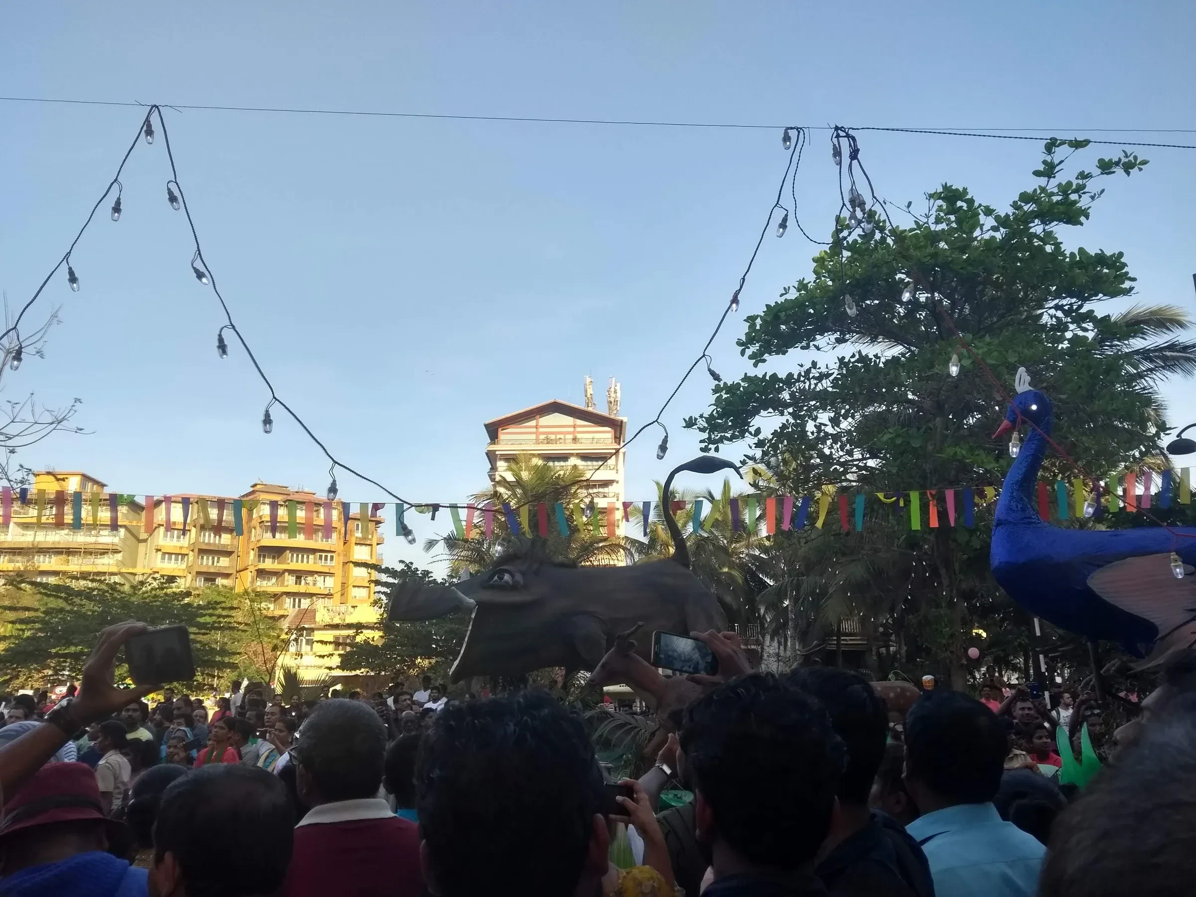 A crowd watching a peacock float at the Panjim carnival parade in Goa