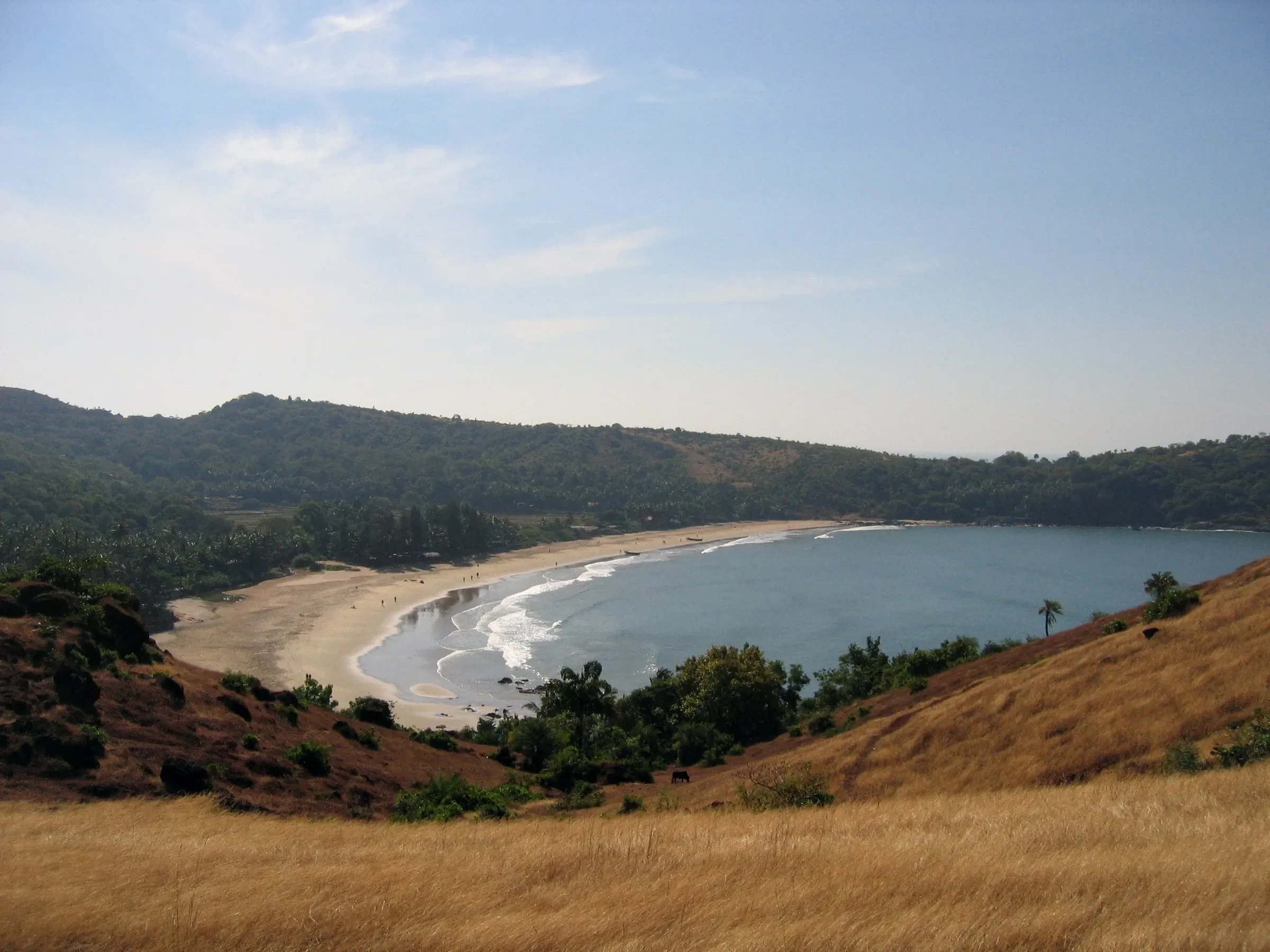 Kudle Beach curving below green hills, seen from a hilltop viewpoint