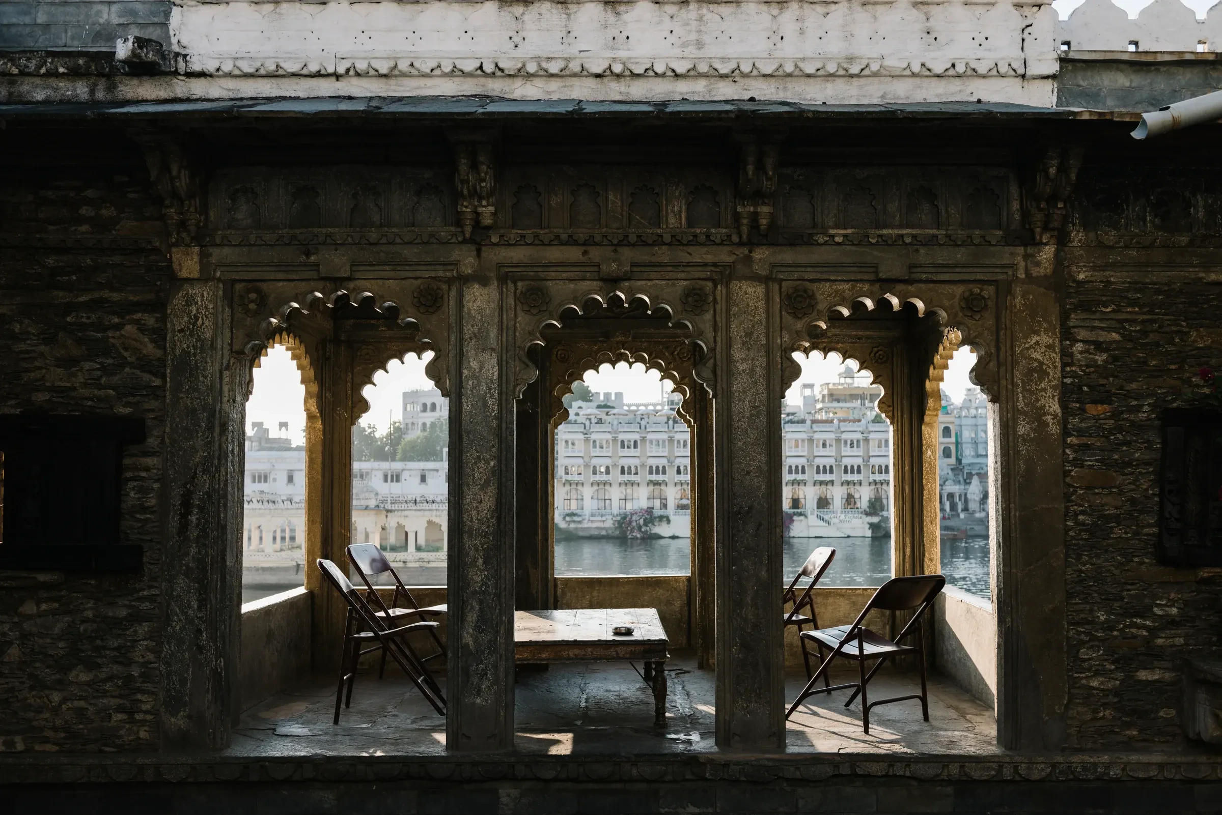A view over Udaipur's old town from a hotel balcony in Rajasthan