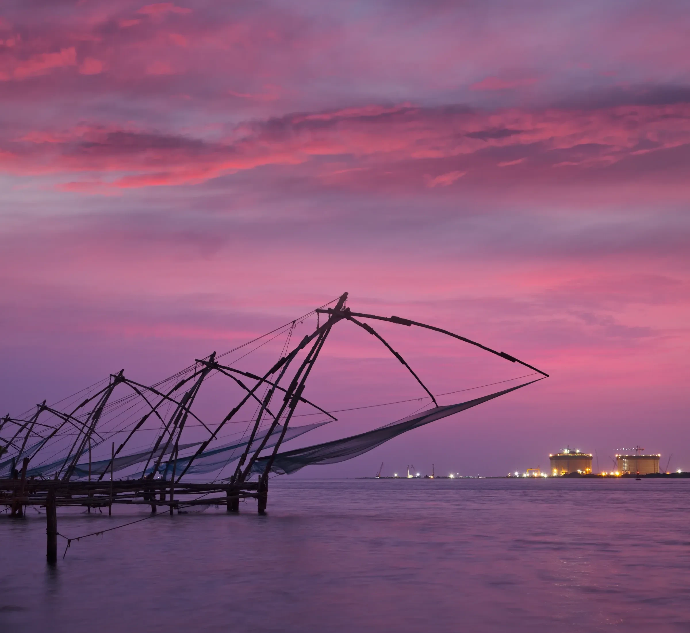 Chinese fishing nets at sunset in Fort Kochi, Kerala