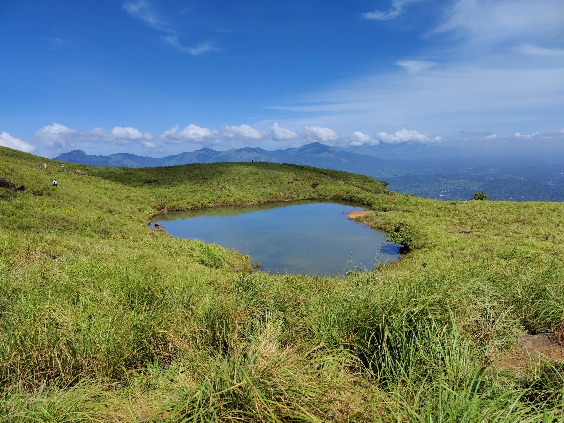 A small lake on the grassy slopes of Chembra Peak in Wayanad, with hills in the distance