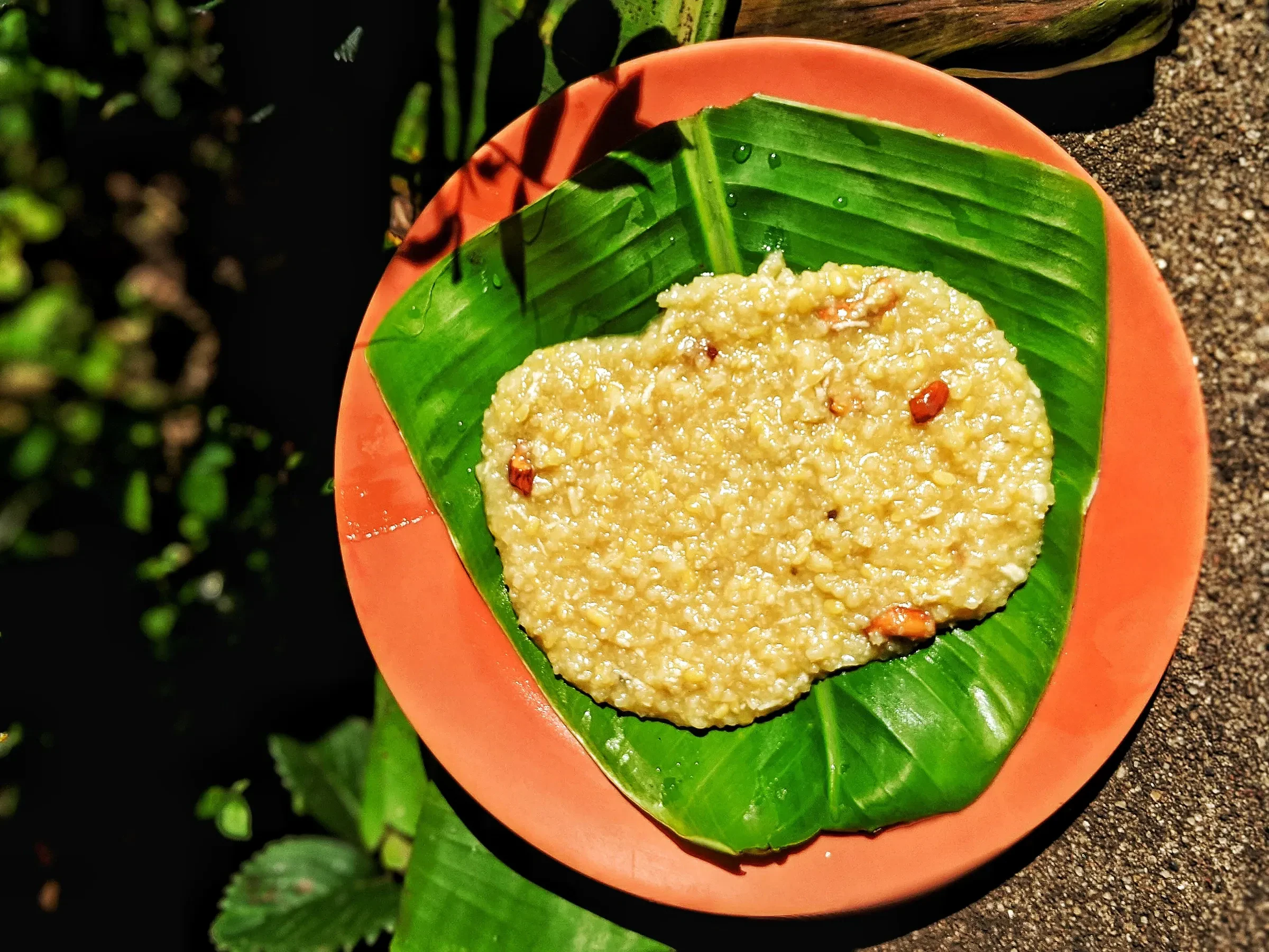 Sweet pongal, the rice and jaggery dish, served on a banana leaf
