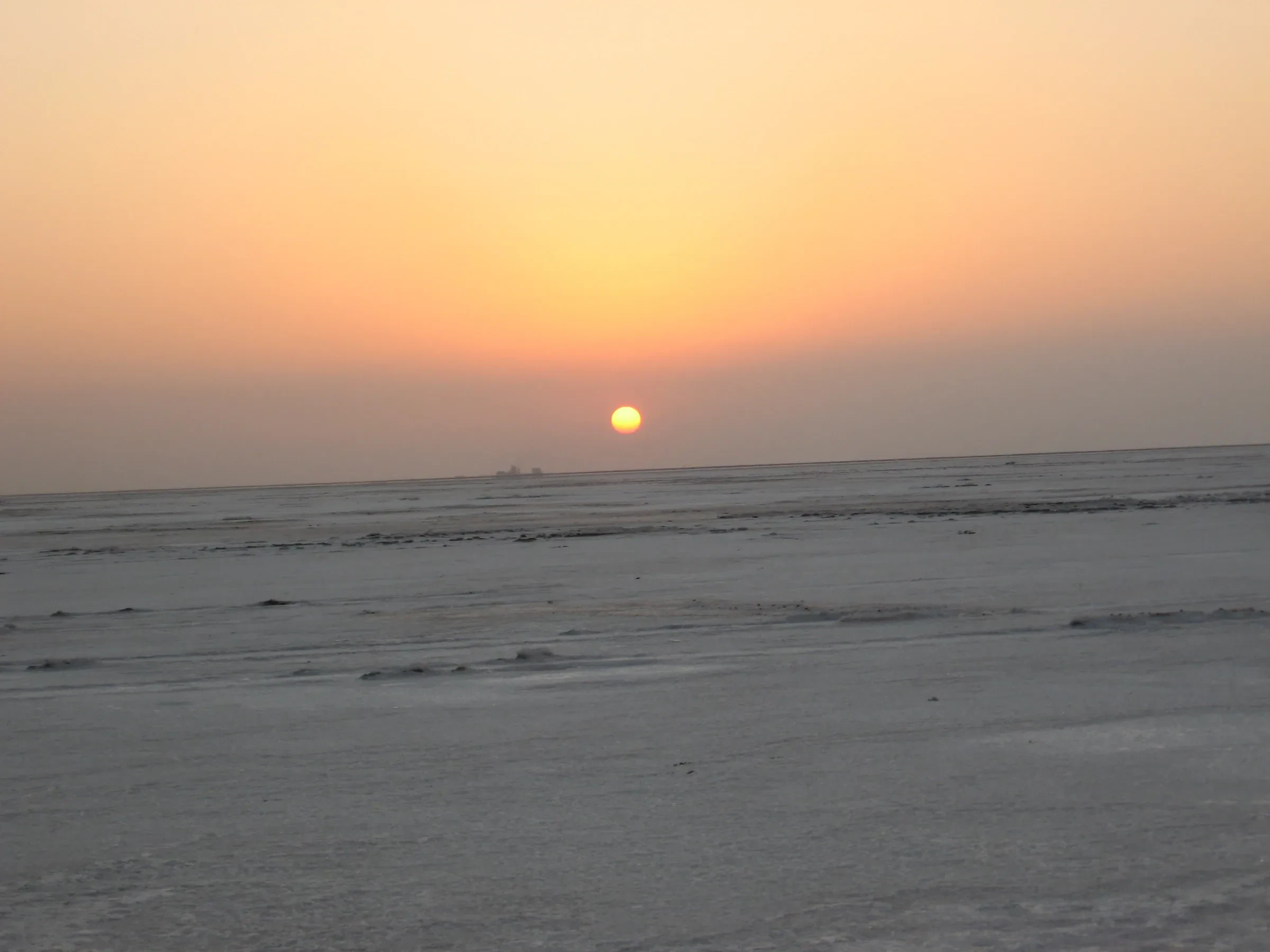 The White Rann's salt flats stretching to the horizon at sunset, Kutch, Gujarat