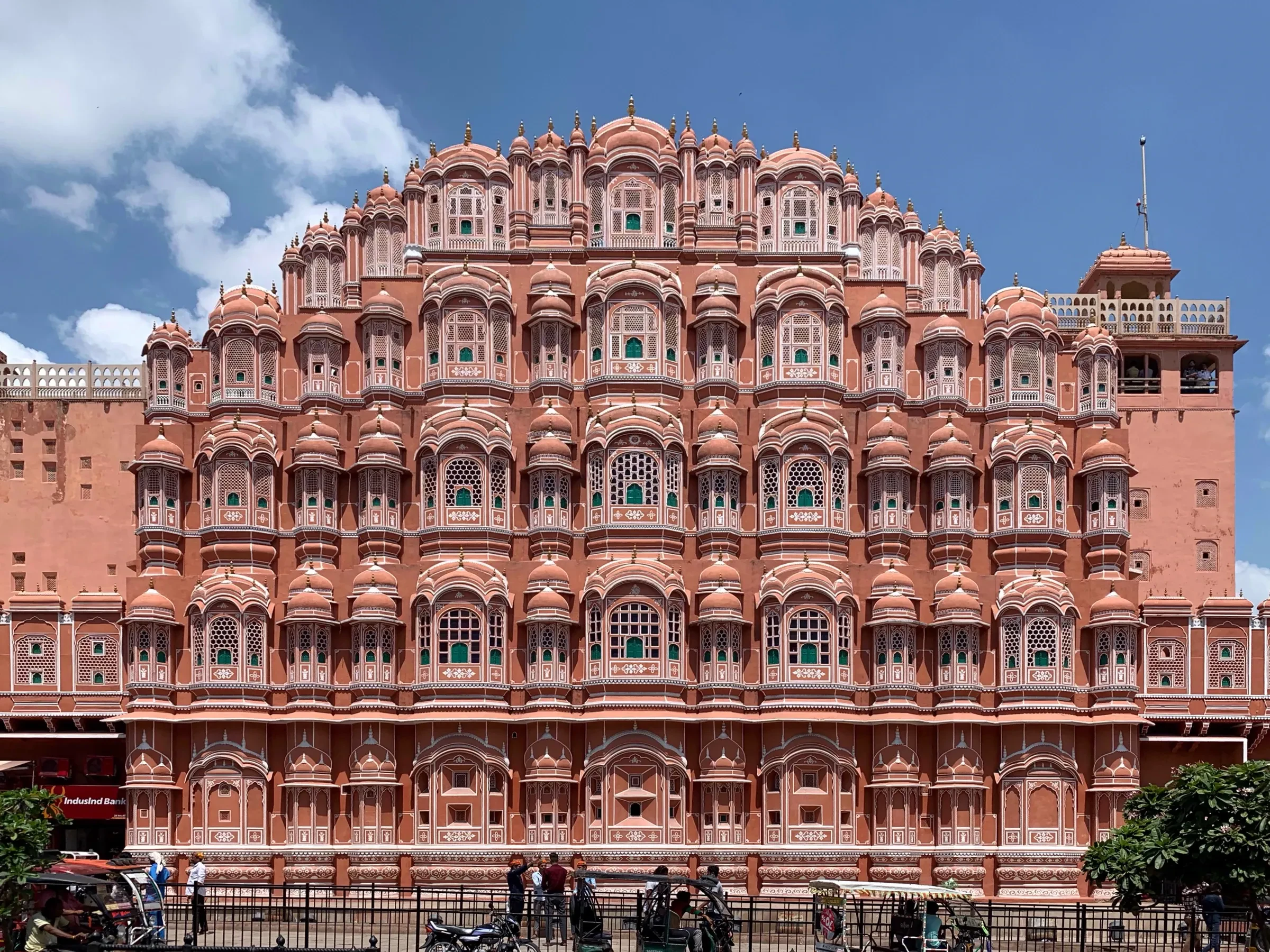 The pink sandstone front of the Hawa Mahal in Jaipur, Rajasthan