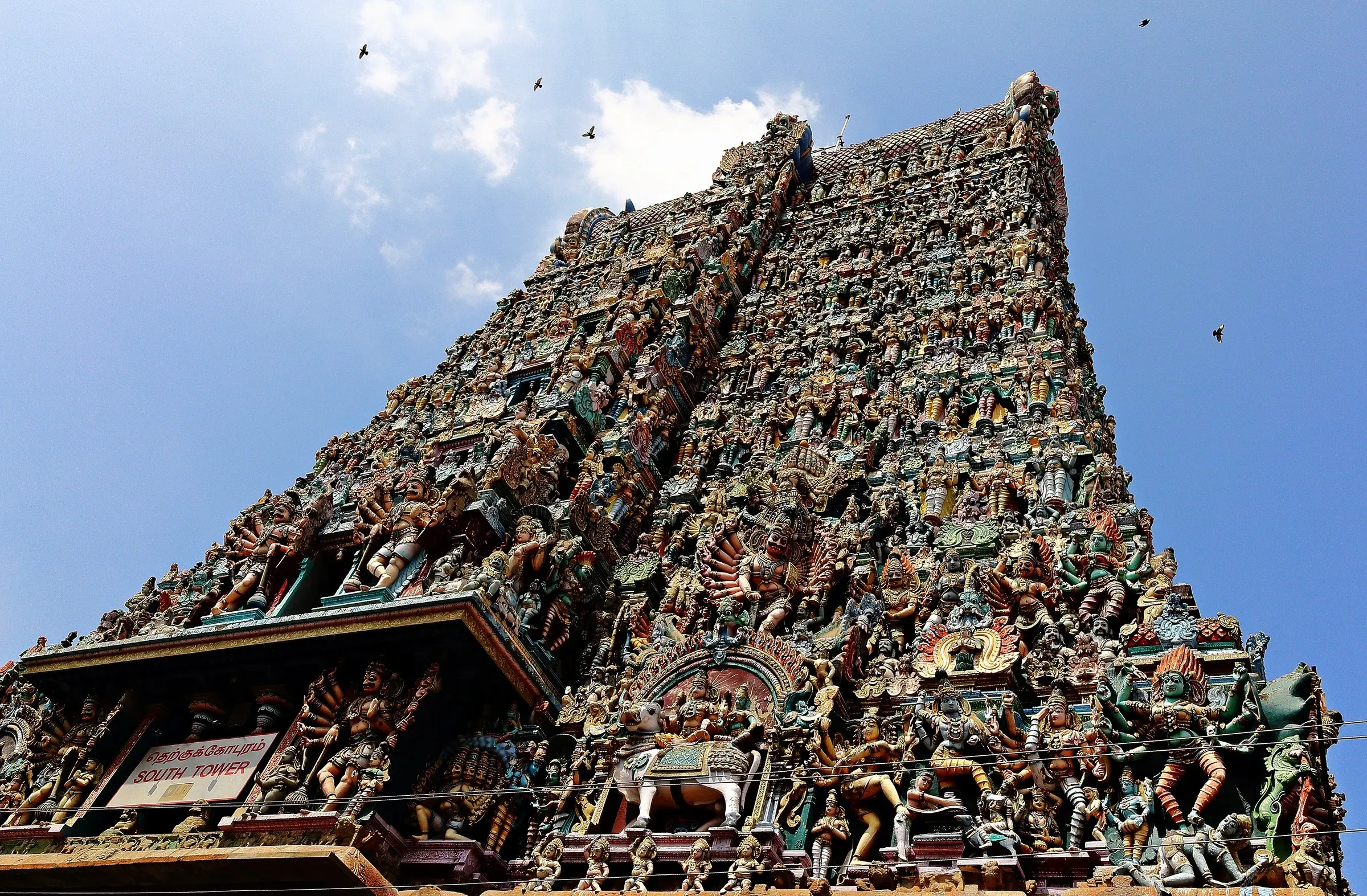 The stucco figures covering a gopuram tower at the Meenakshi Amman Temple in Madurai, Tamil Nadu