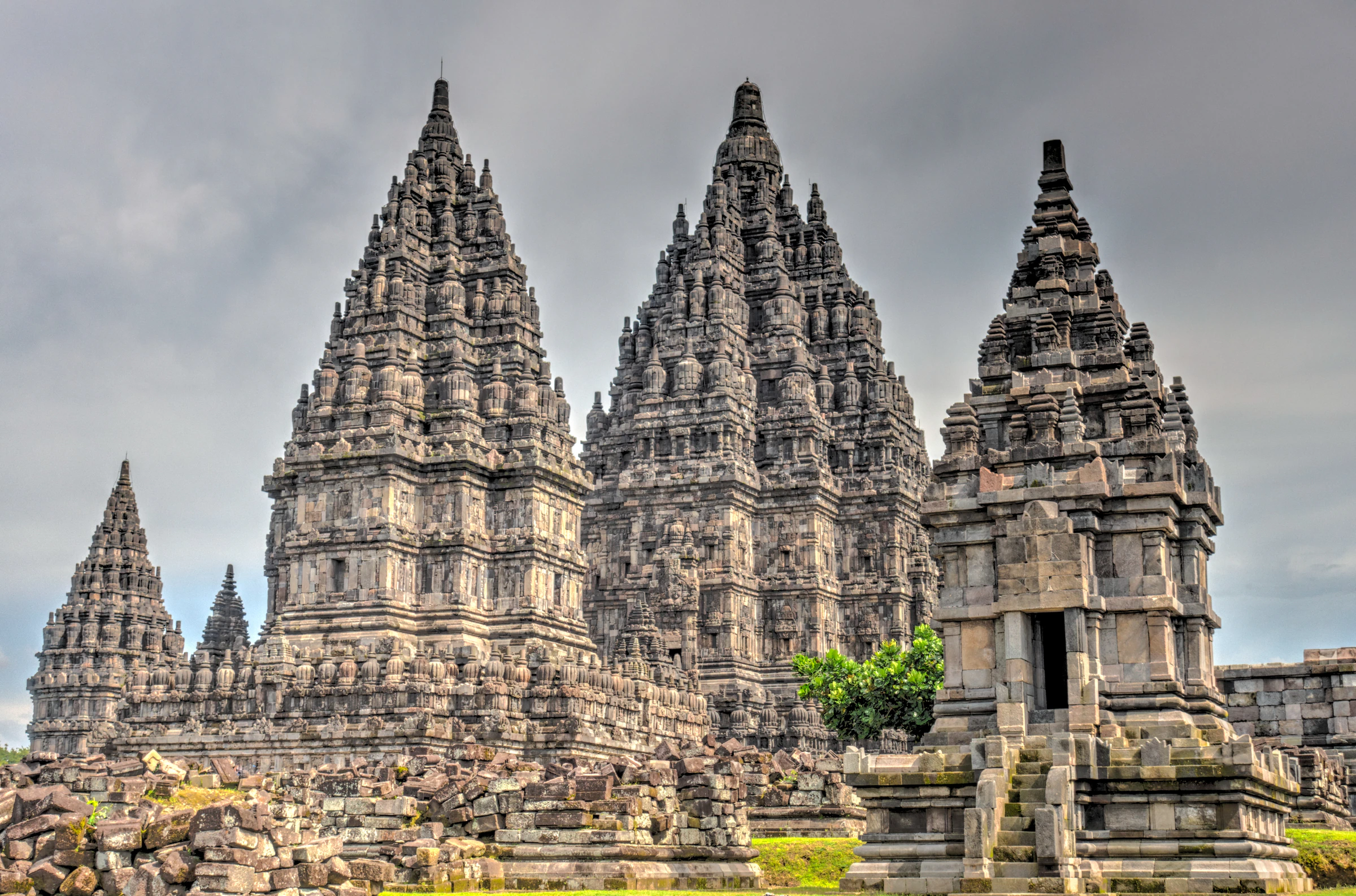 Prambanan's tall carved Hindu temple towers against the sky