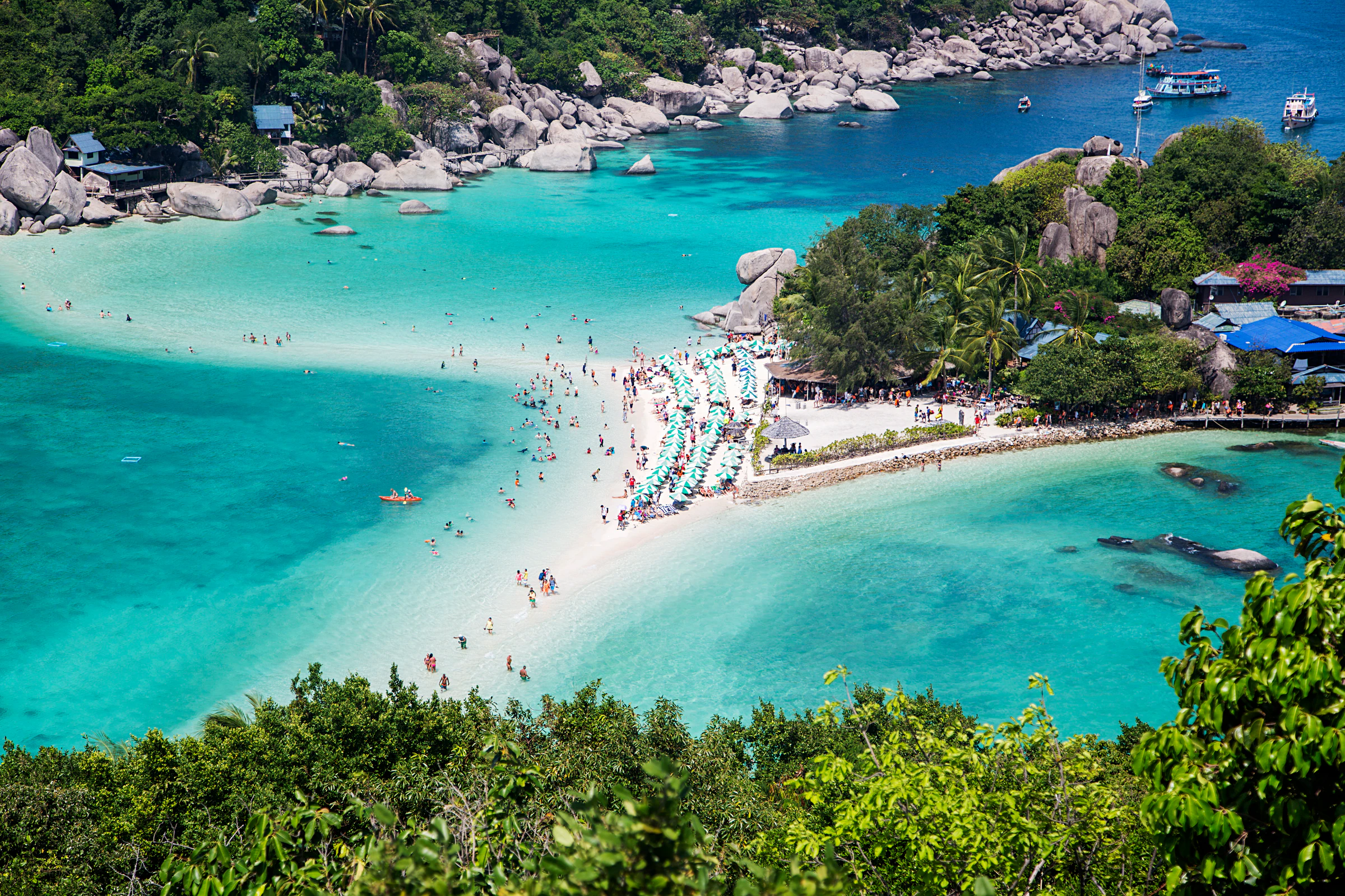 Swimmers on the white sandbar joining the islands of Koh Nang Yuan, seen from the viewpoint