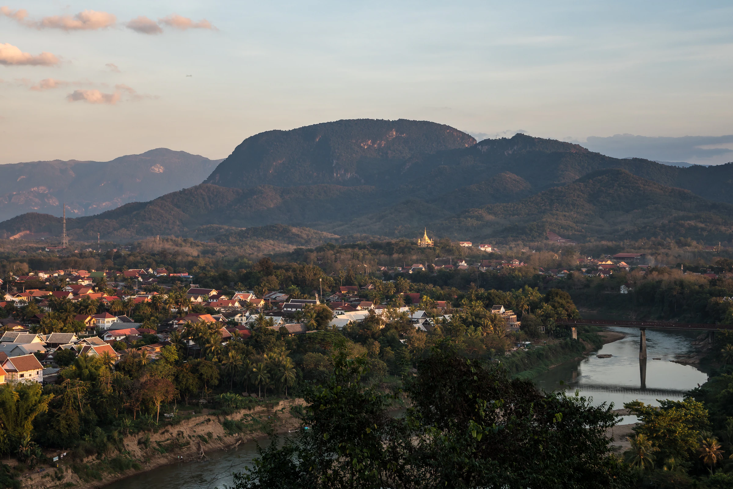 Luang Prabang's rooftops and the river from the top of Mount Phousi