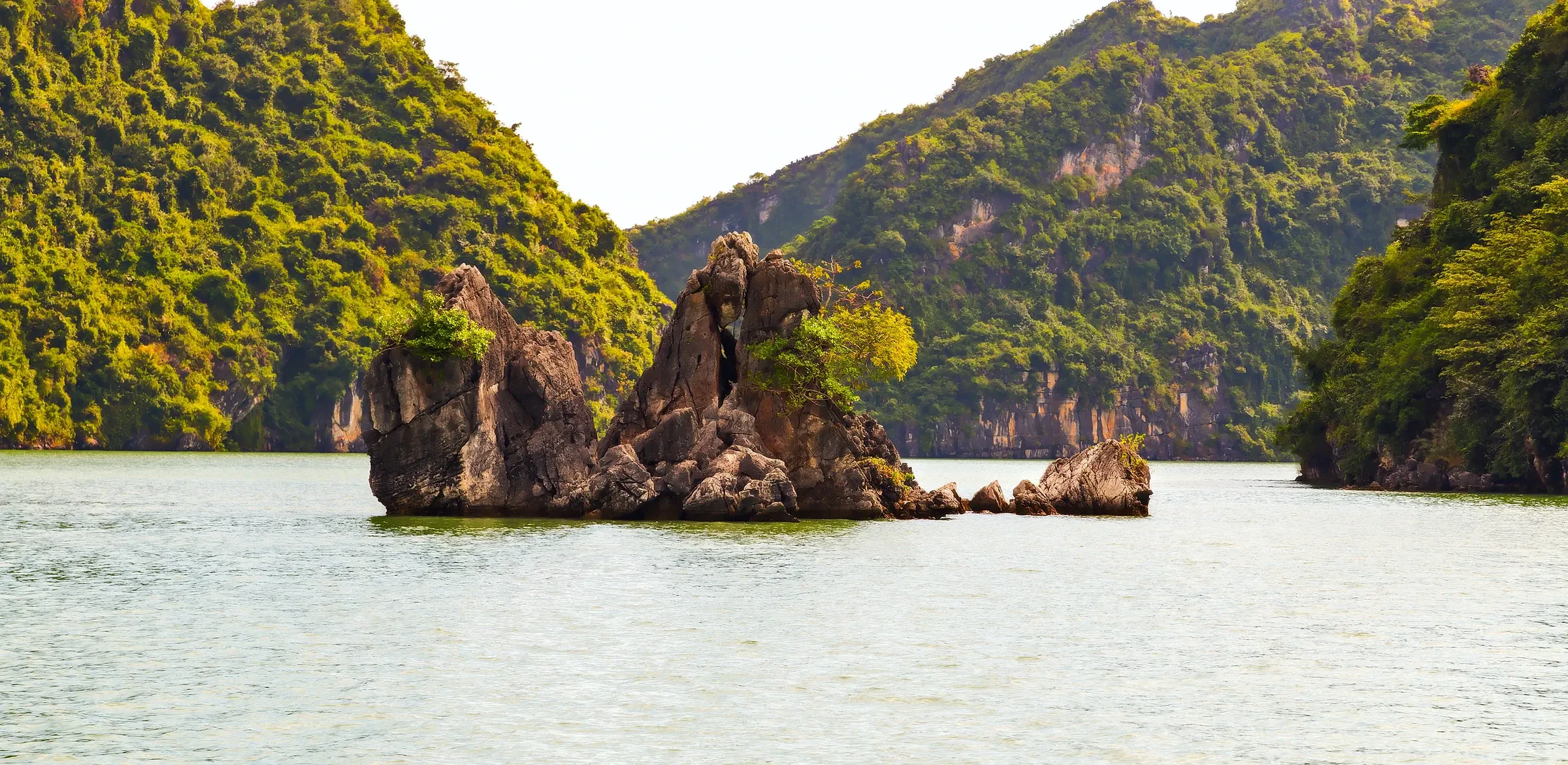A rock islet among forested limestone hills in Ha Long Bay, Vietnam