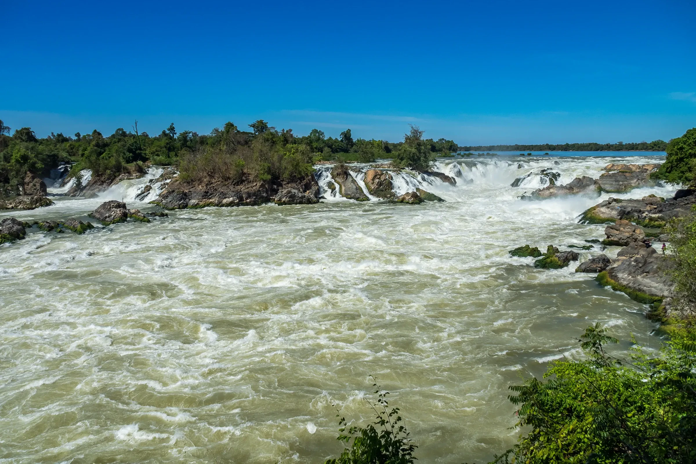 The wide rapids of Khone Phapheng Falls on the Mekong in southern Laos