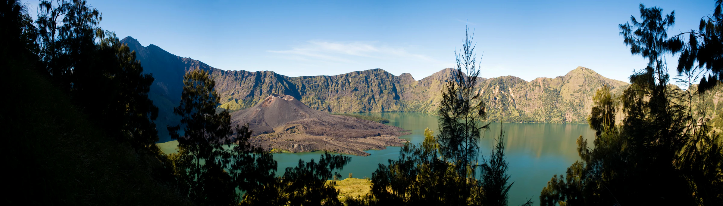 Mount Rinjani's crater lake and caldera rim, seen between trees
