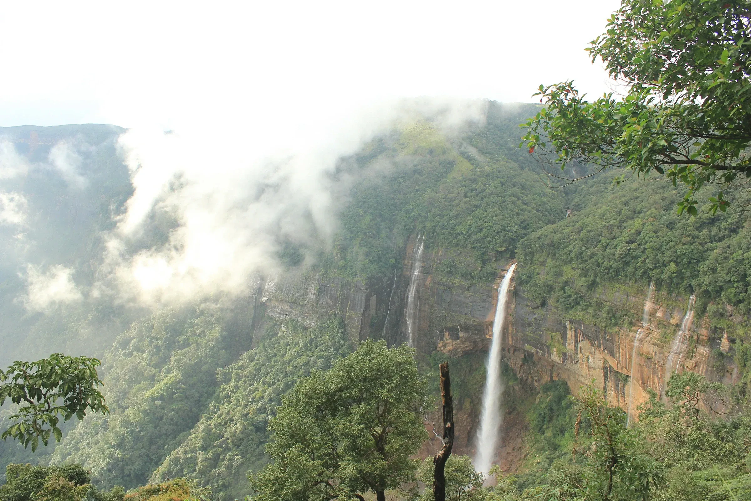 Nohkalikai Falls dropping from a mist-covered cliff near Cherrapunji