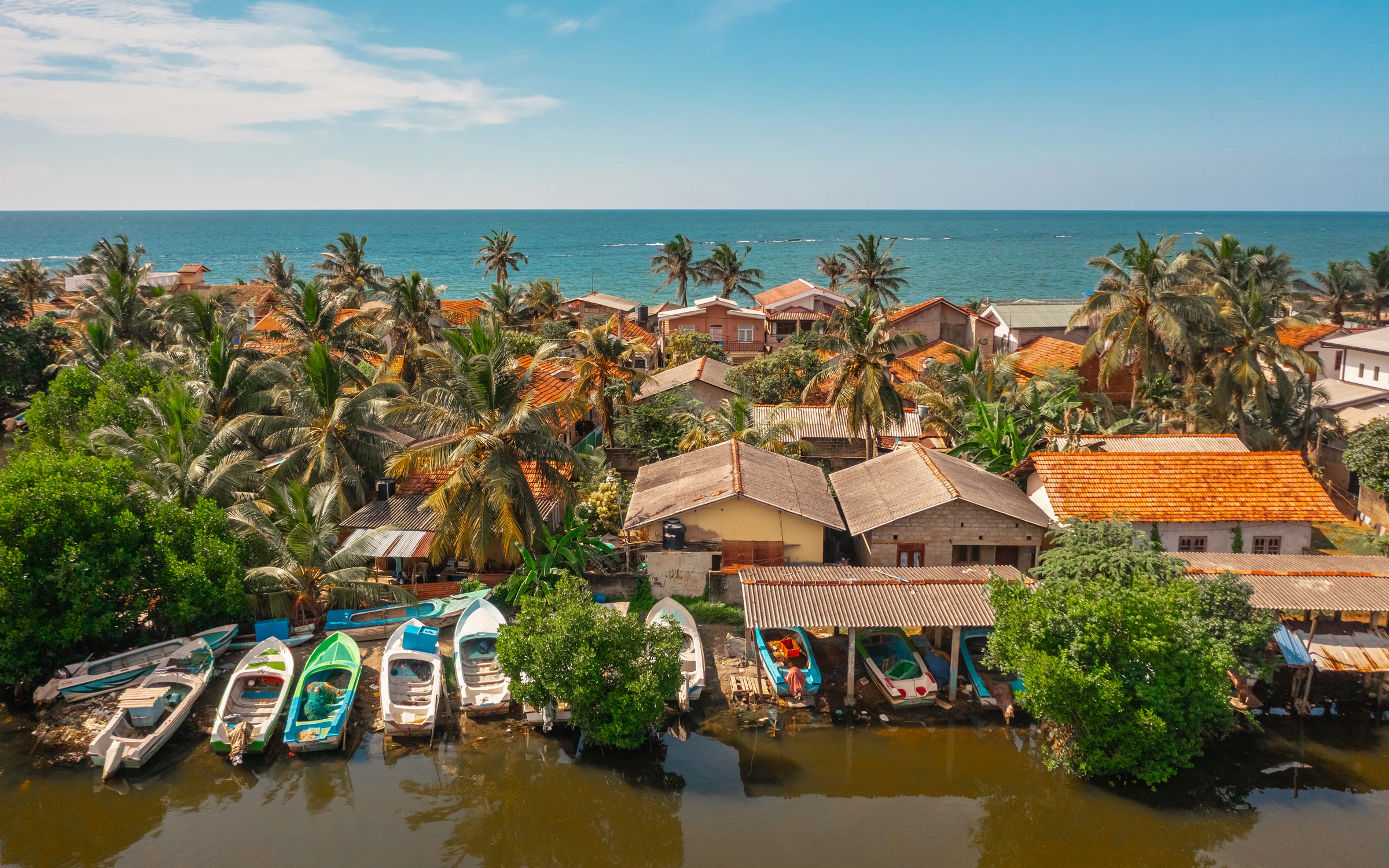 Aerial view of houses and small boats along the water at Negombo