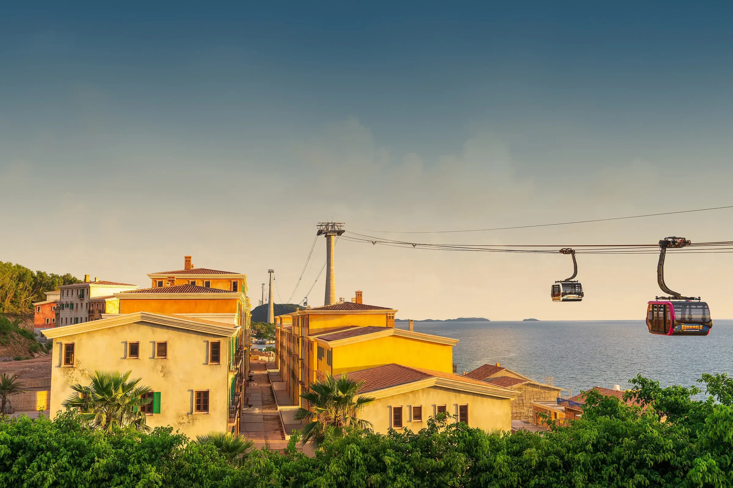 Cable cars crossing the sea from An Thoi towards Hon Thom island, Phu Quoc
