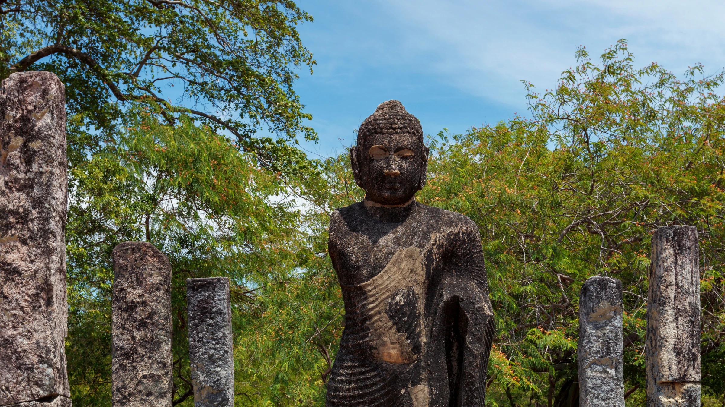 A standing Buddha statue among stone pillars in Polonnaruwa's ancient city