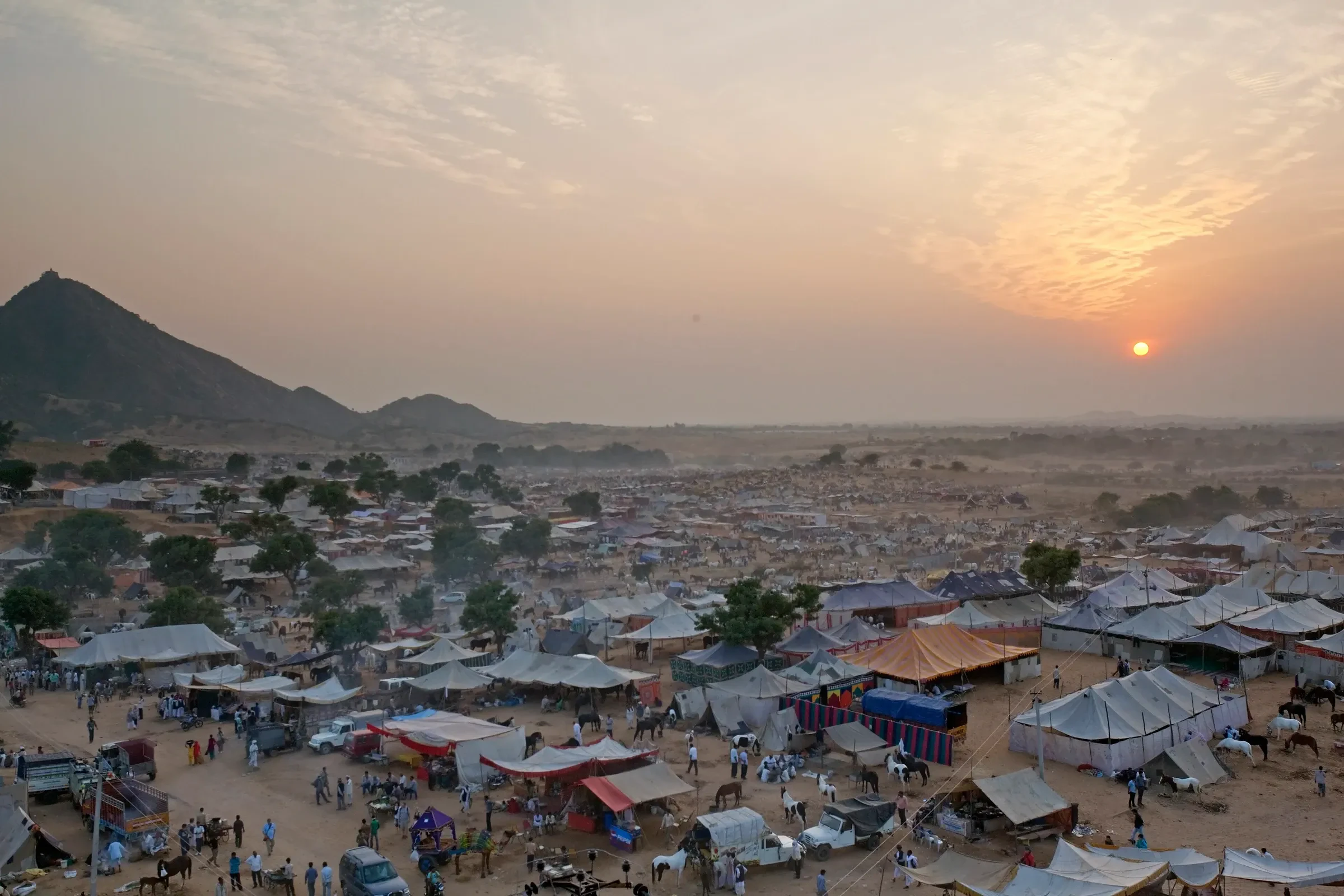Sunset over the tent camps on the Pushkar mela grounds, seen from above