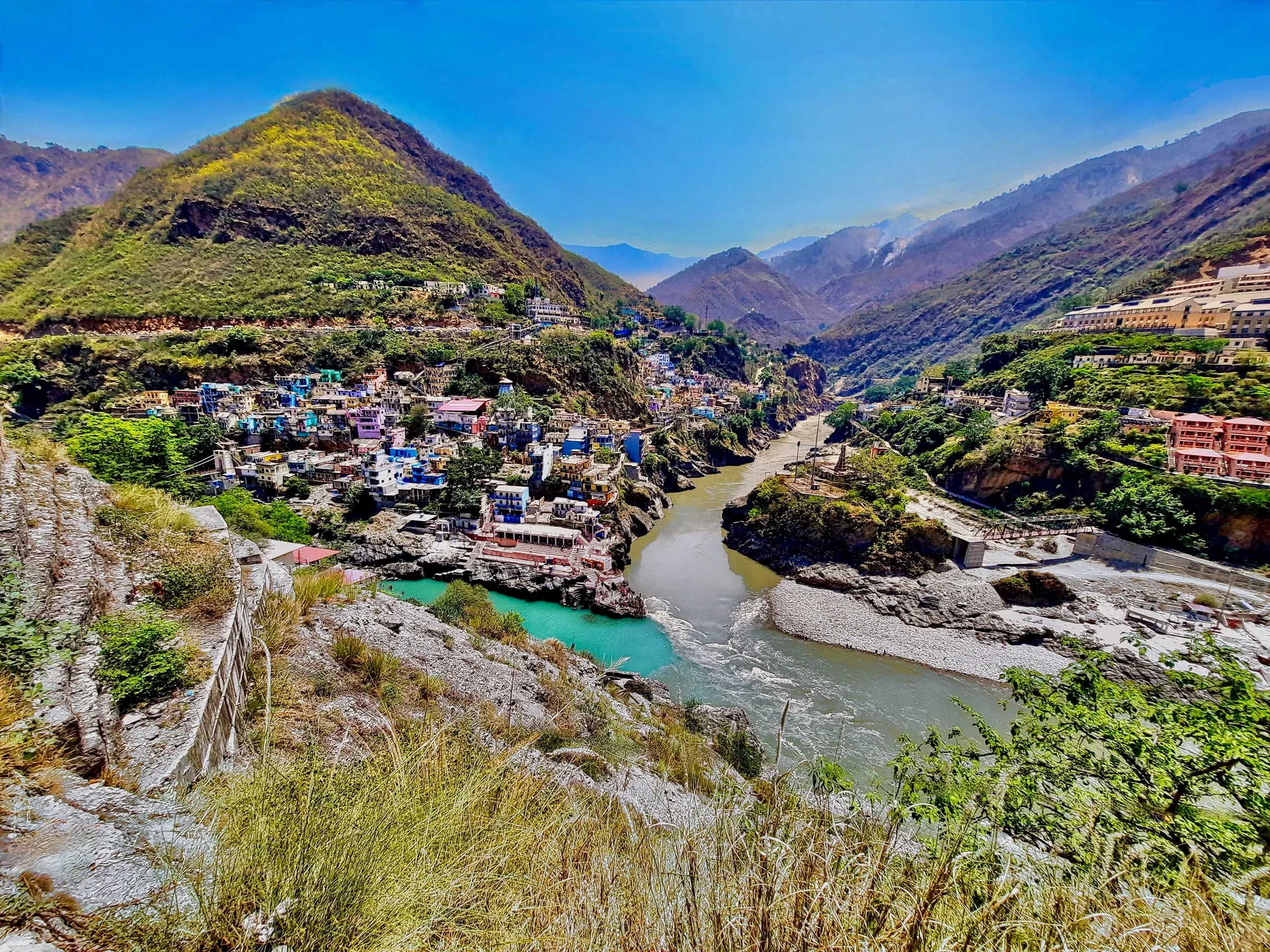 The Bhagirathi and Alaknanda rivers meeting below the town of Devprayag