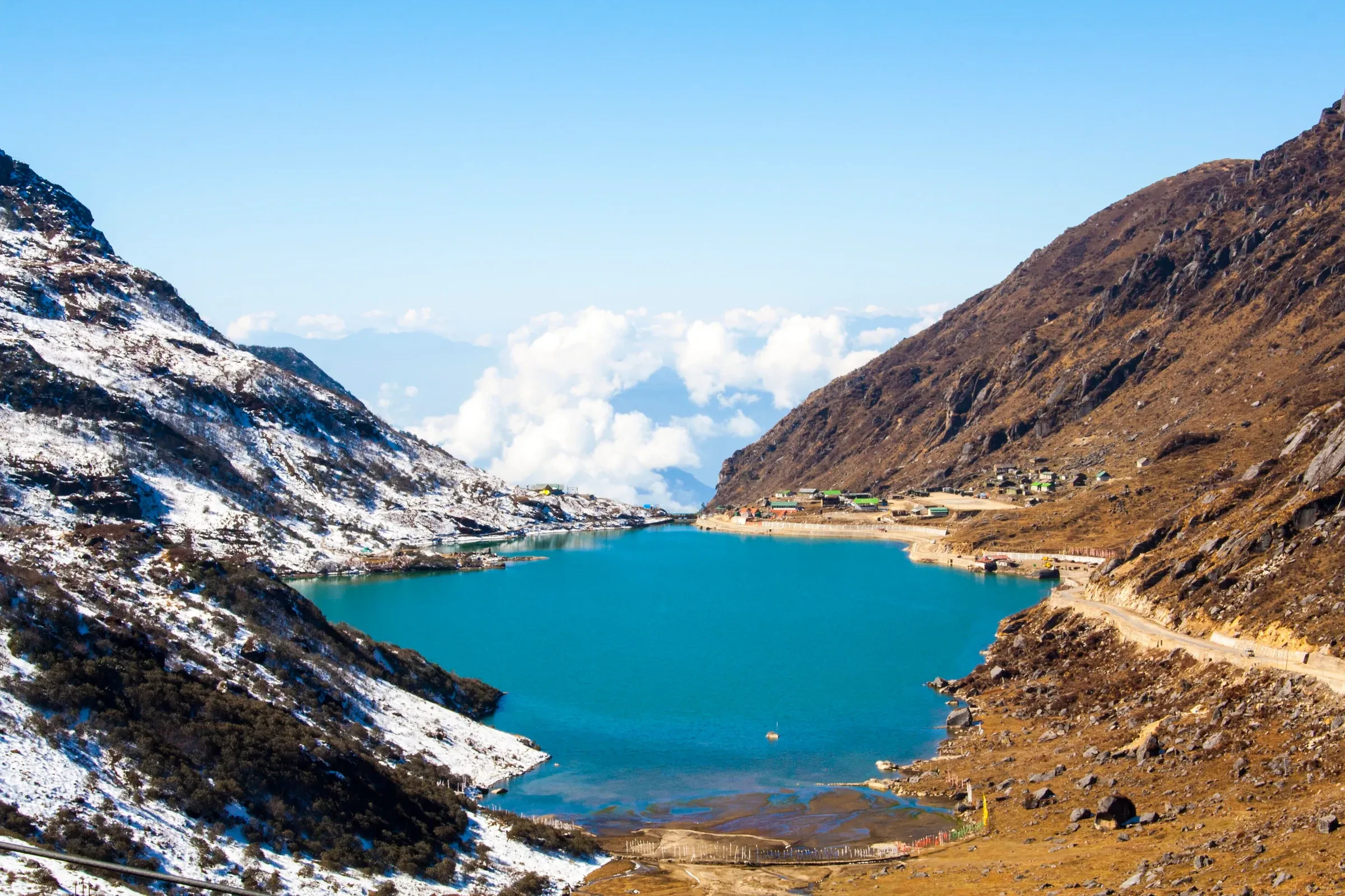 Tsomgo Lake in East Sikkim, a turquoise lake ringed by snowy slopes