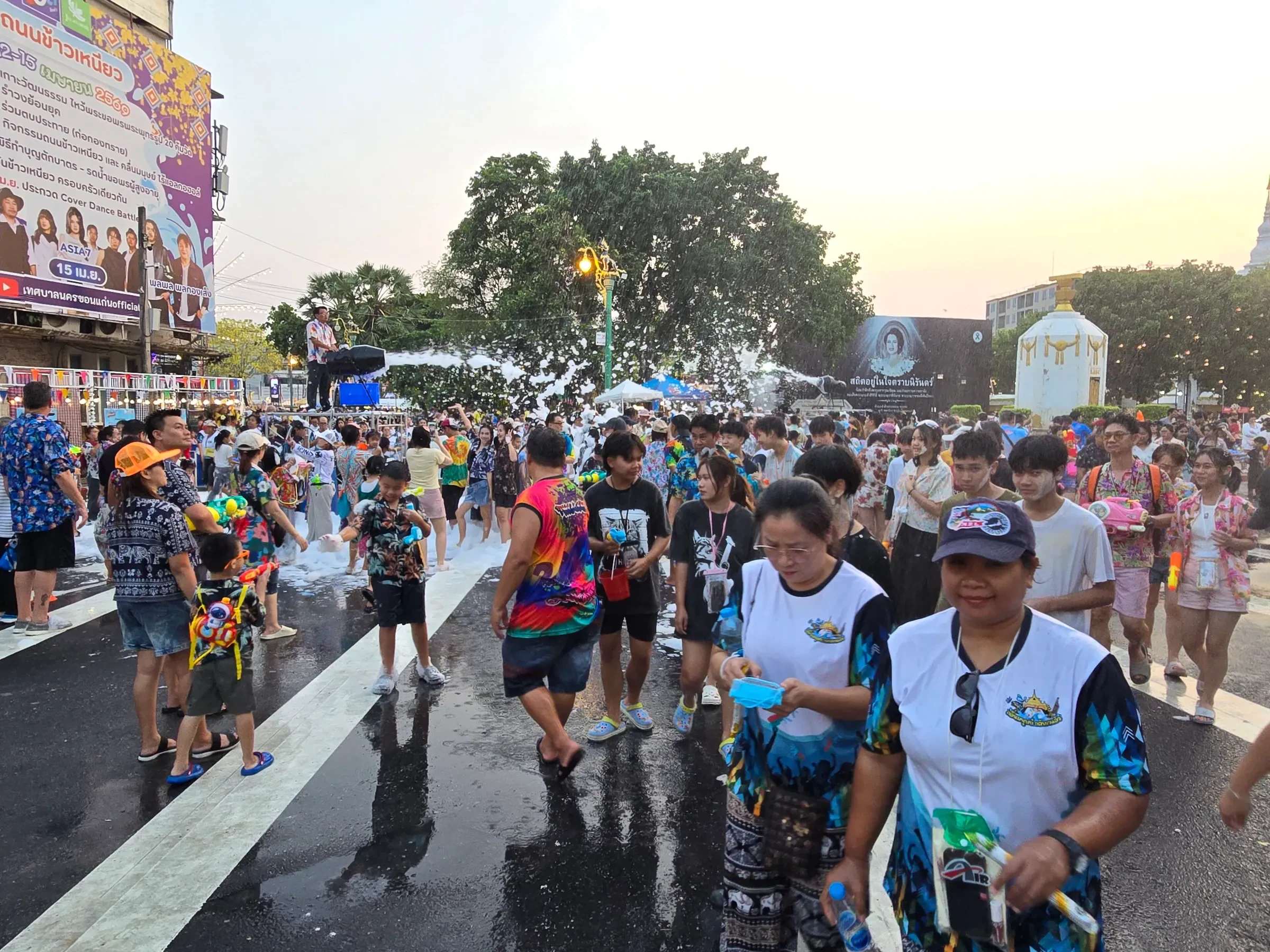 A crowd with water guns in a street in Khon Kaen, Thailand, during Songkran on 14 April 2026