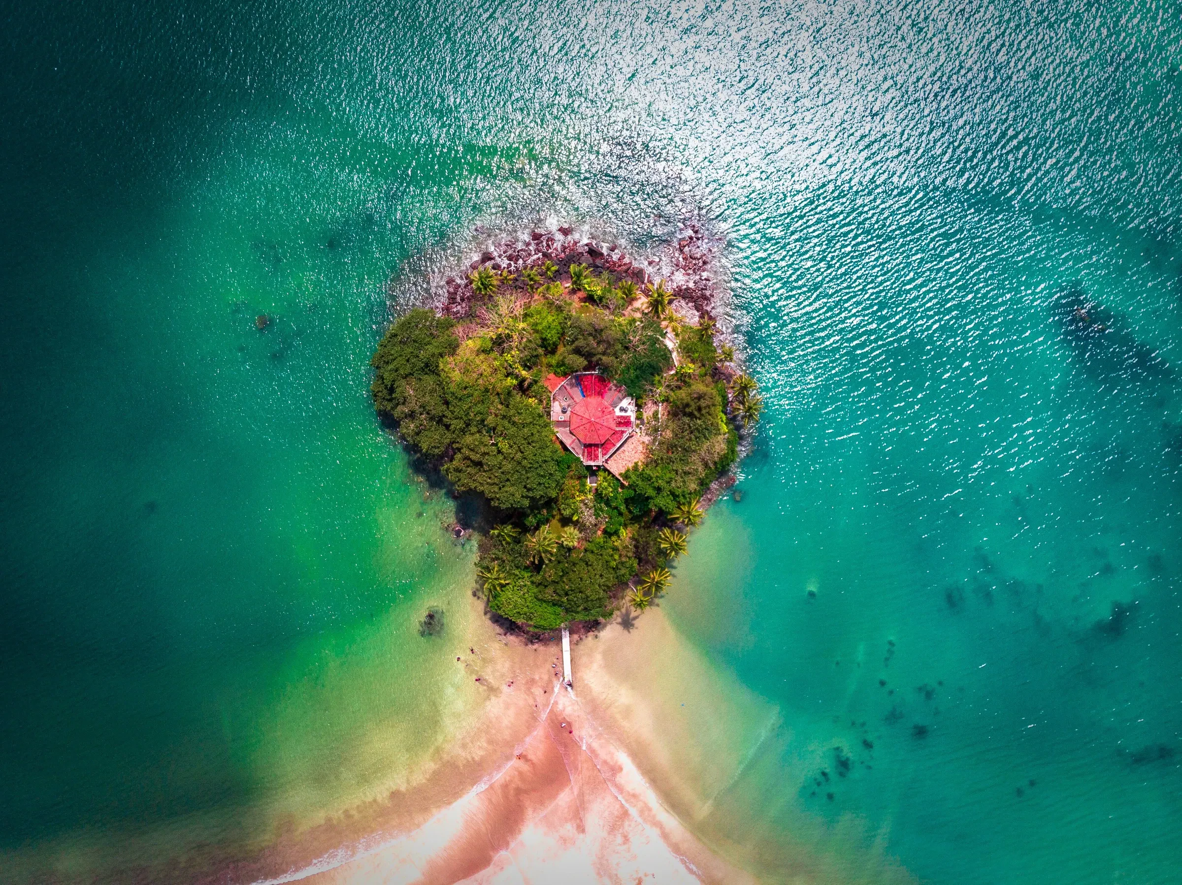 Aerial view of Taprobane Island and the pink sand spit at Weligama, Sri Lanka