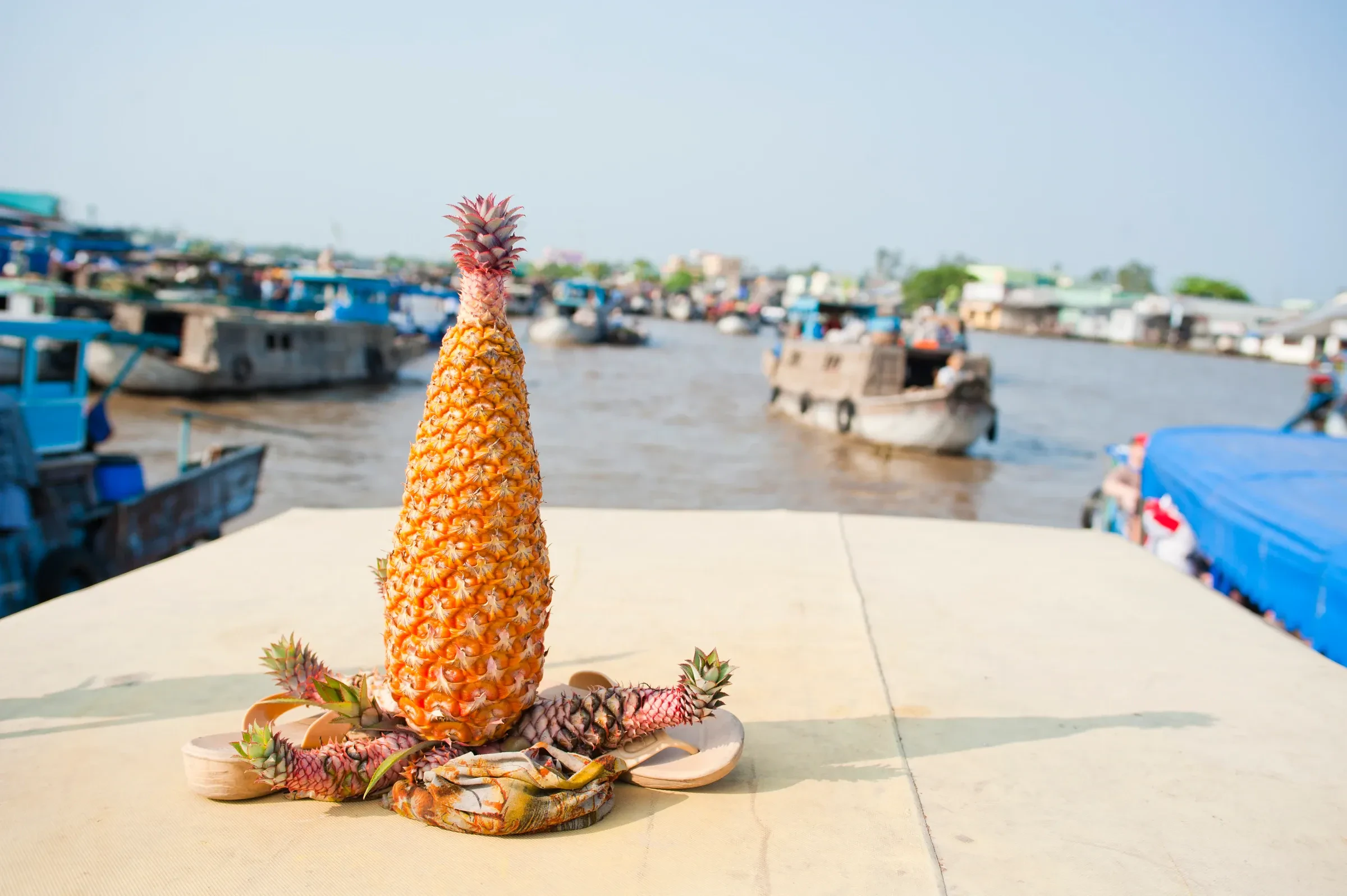 A pineapple on a boat roof at the Can Tho floating market, with other boats behind it