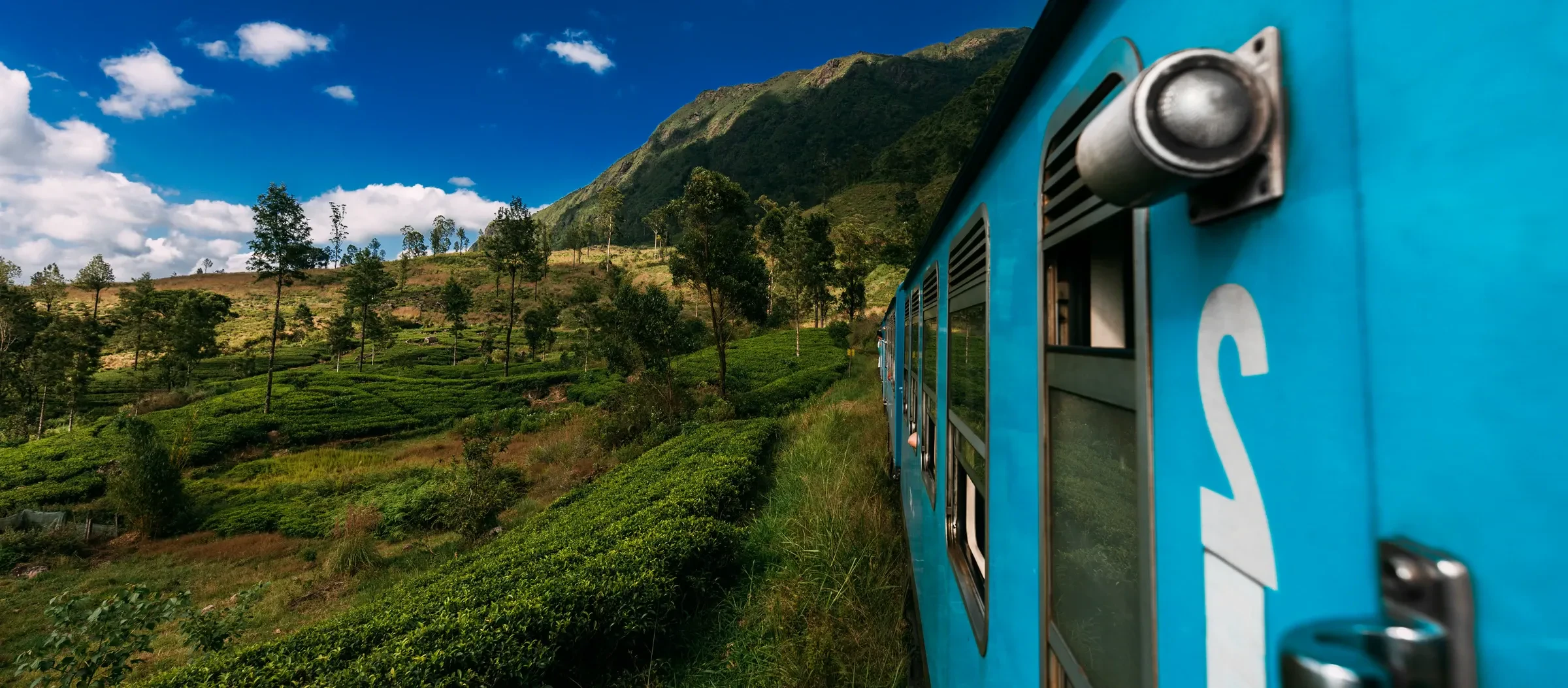 A blue train passing tea fields in Sri Lanka's hill country