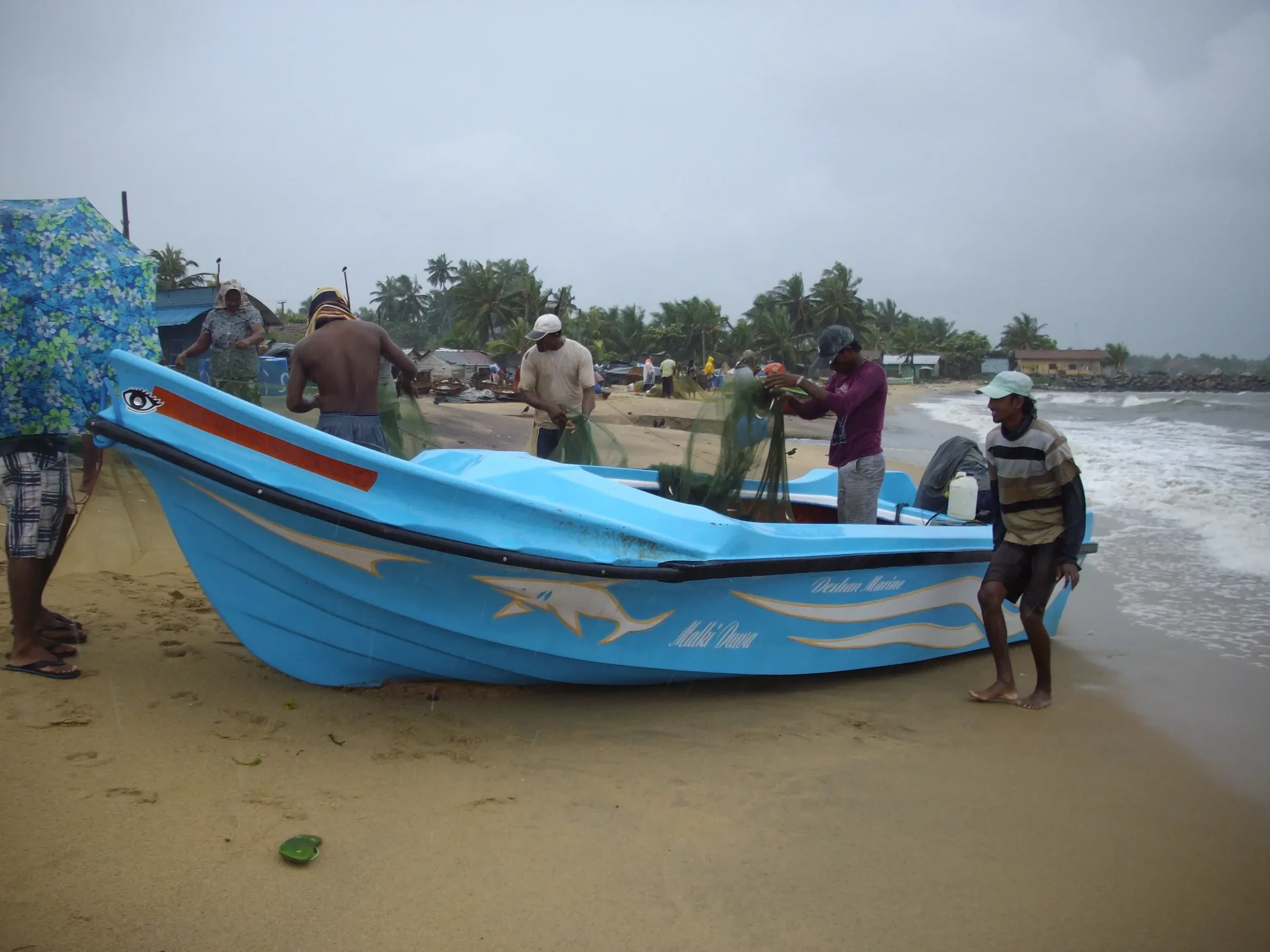 A fishing boat pulled up on Negombo beach, with fishermen at work
