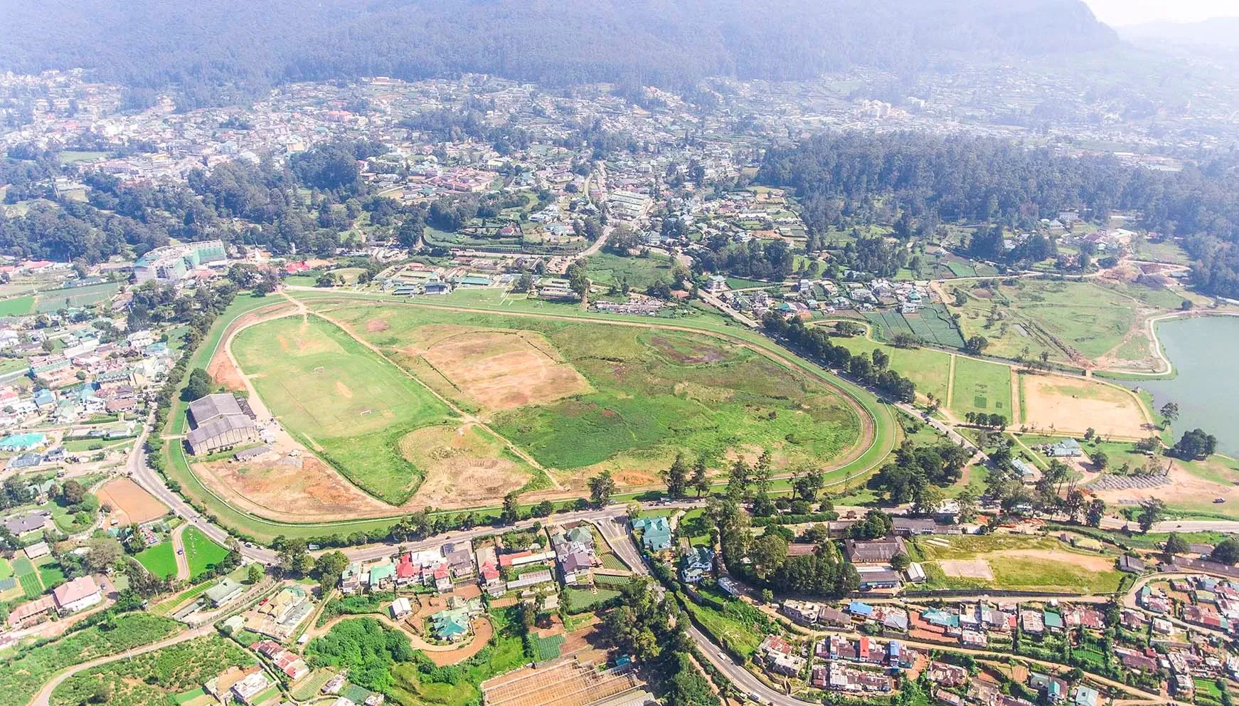 Aerial view of Nuwara Eliya, with the racecourse at the centre of the town