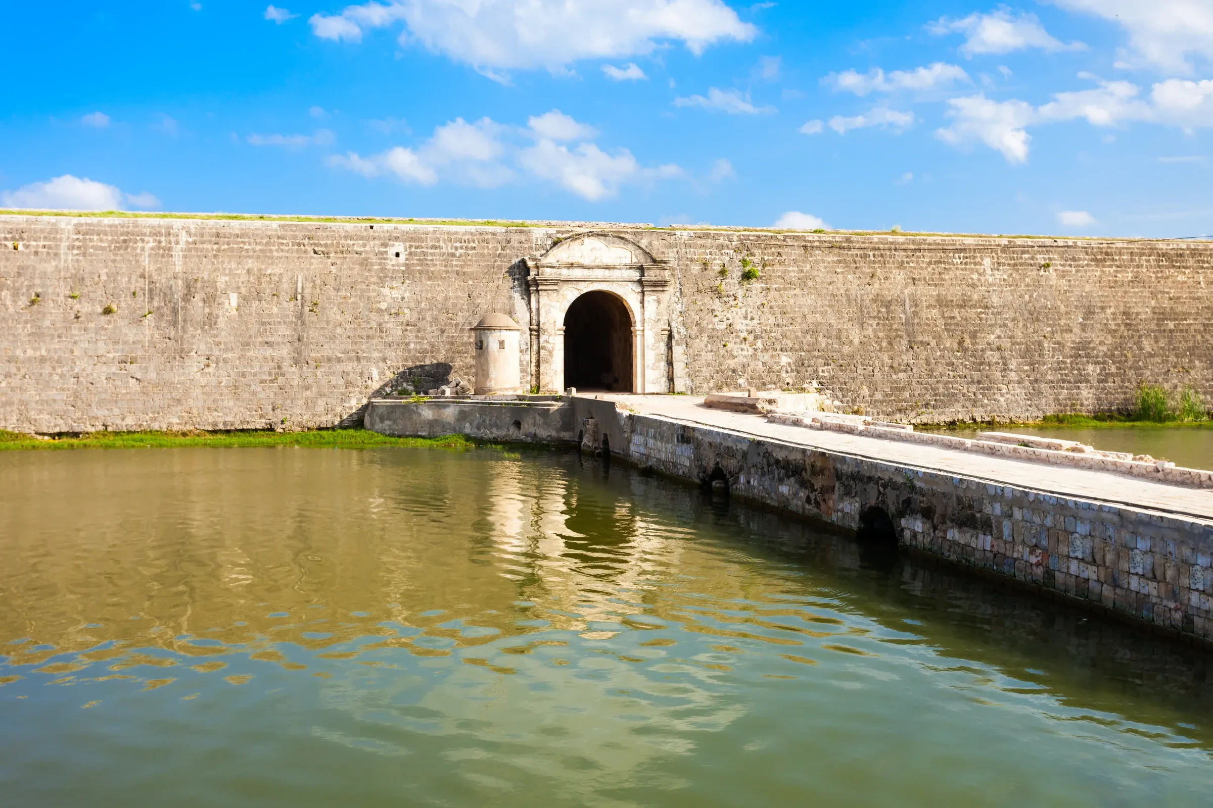 The stone wall and moat of Jaffna Fort in northern Sri Lanka