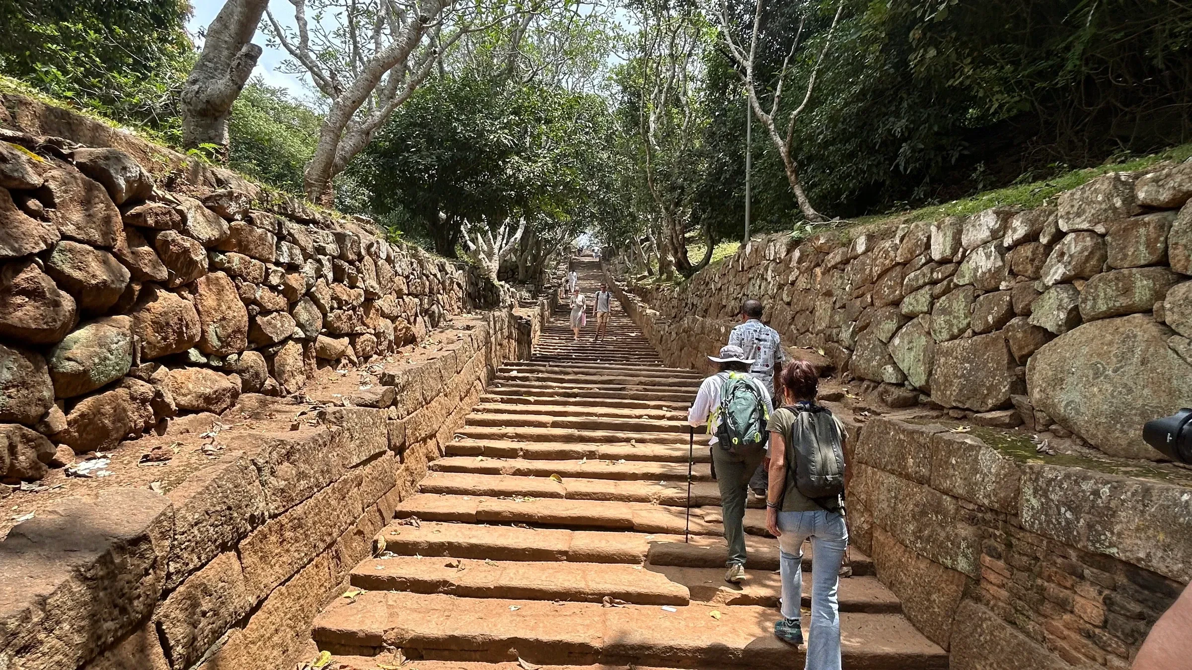 Visitors climbing the wide stone steps at Mihintale